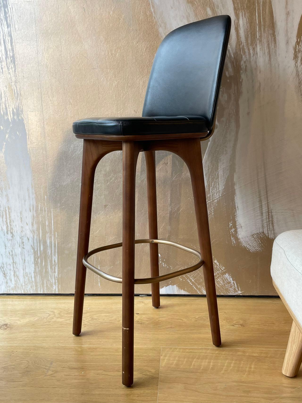 Industrial Walnut Stained Ash And Caress Black Leather Stool, Utility SH760 For Sale