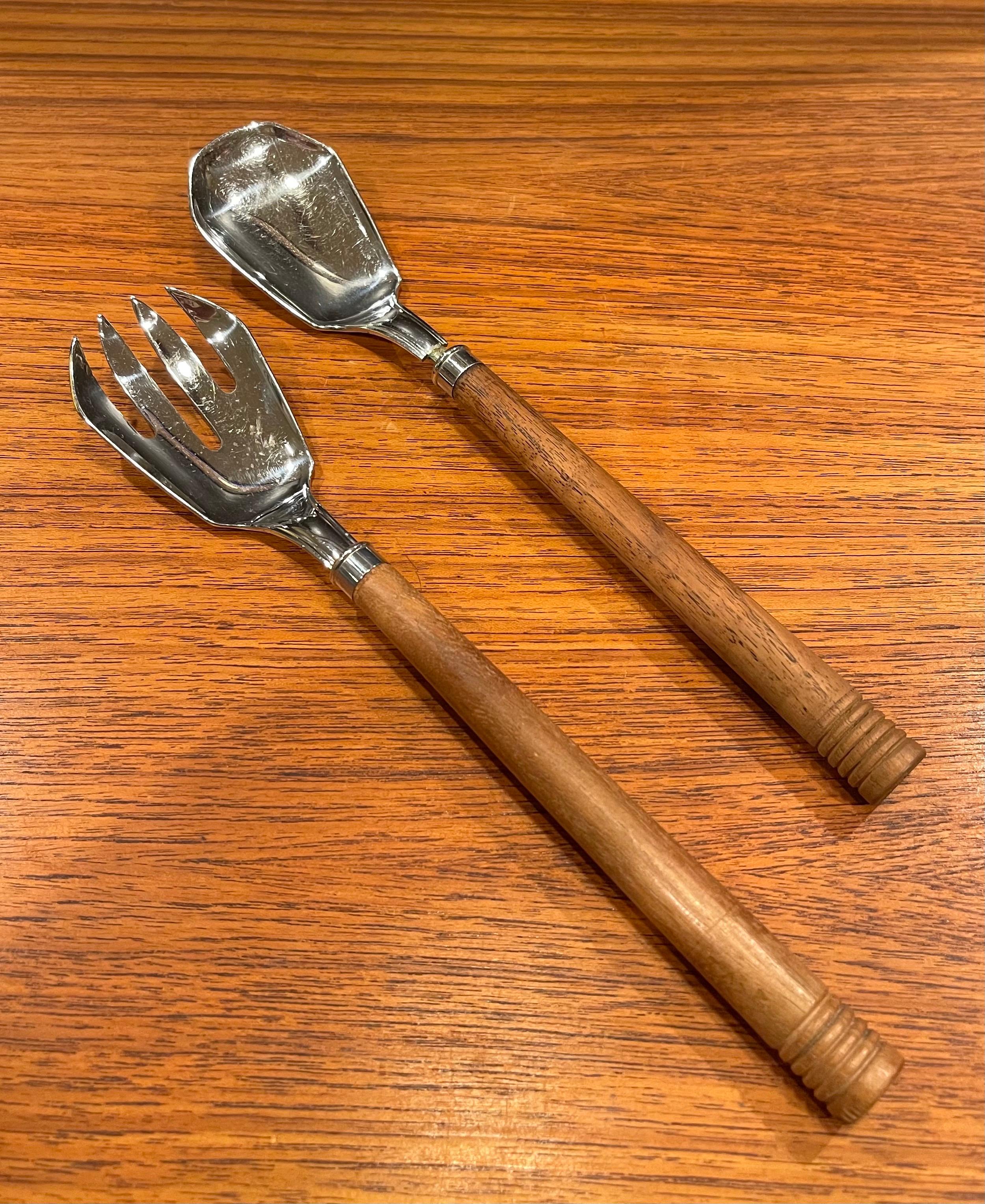 American Walnut & Stainless Steel Art Deco Salad Servers by Chase & Co.