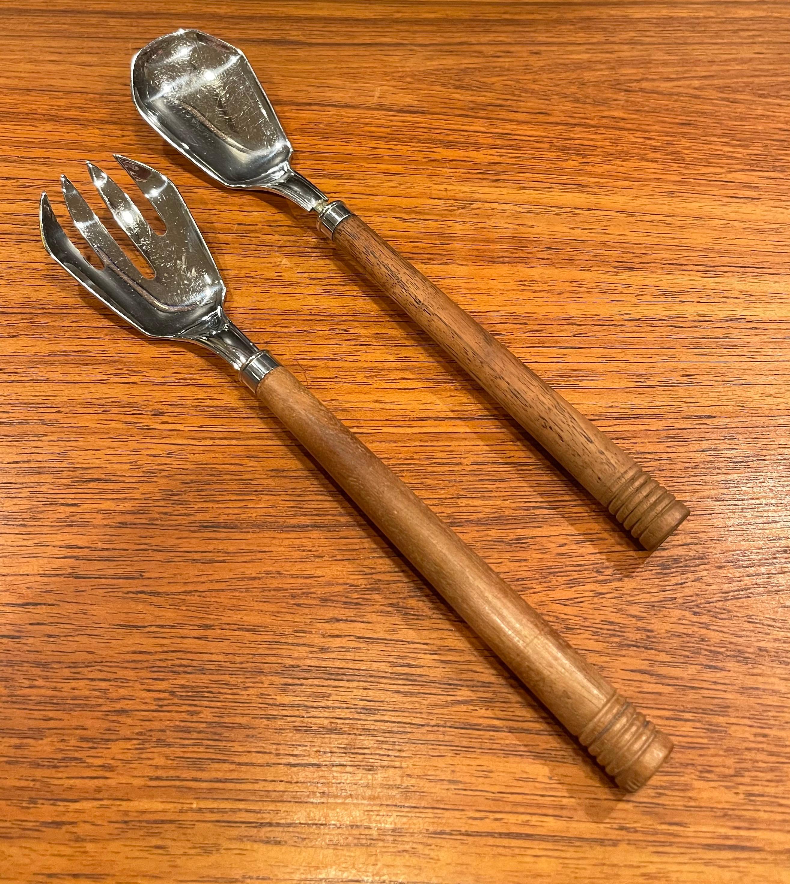 Walnut & Stainless Steel Art Deco Salad Servers by Chase & Co. In Good Condition In San Diego, CA