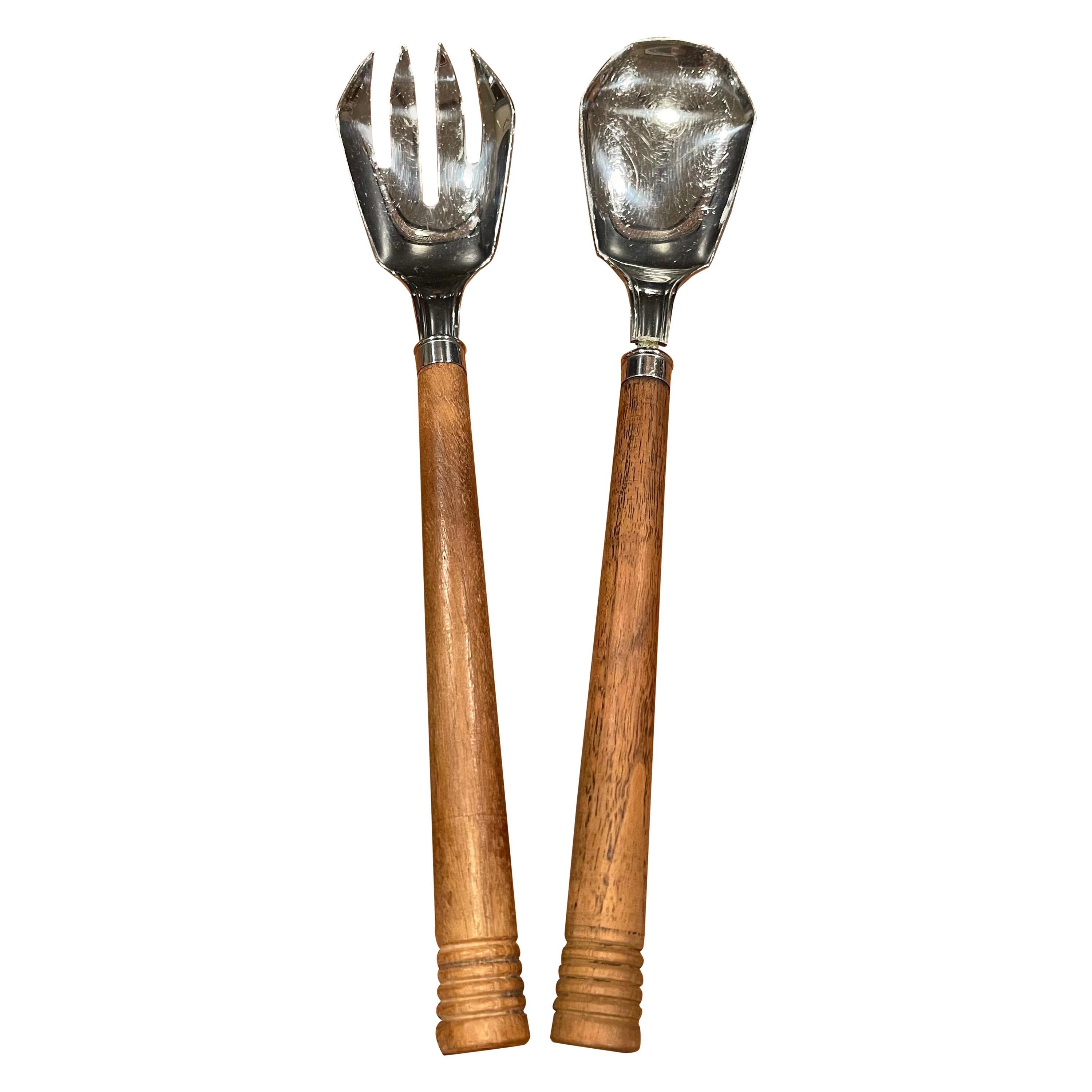 Walnut & Stainless Steel Art Deco Salad Servers by Chase & Co.