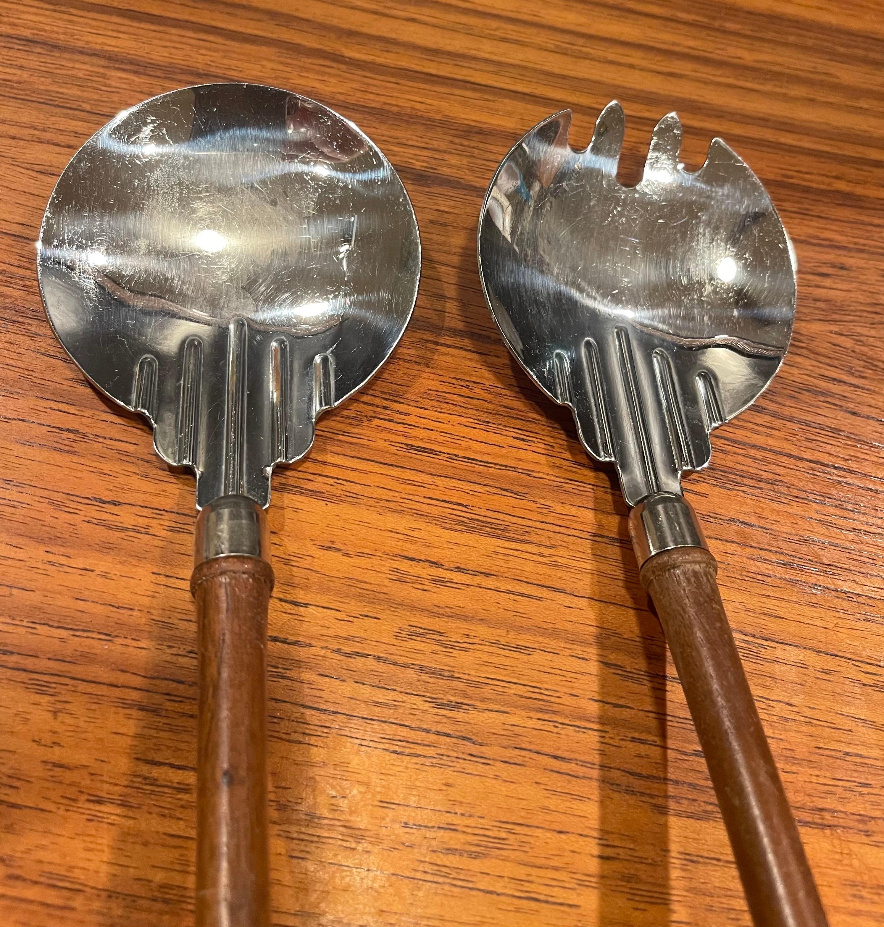 Walnut & Stainless Steel Art Deco Salad Servers In Good Condition For Sale In San Diego, CA