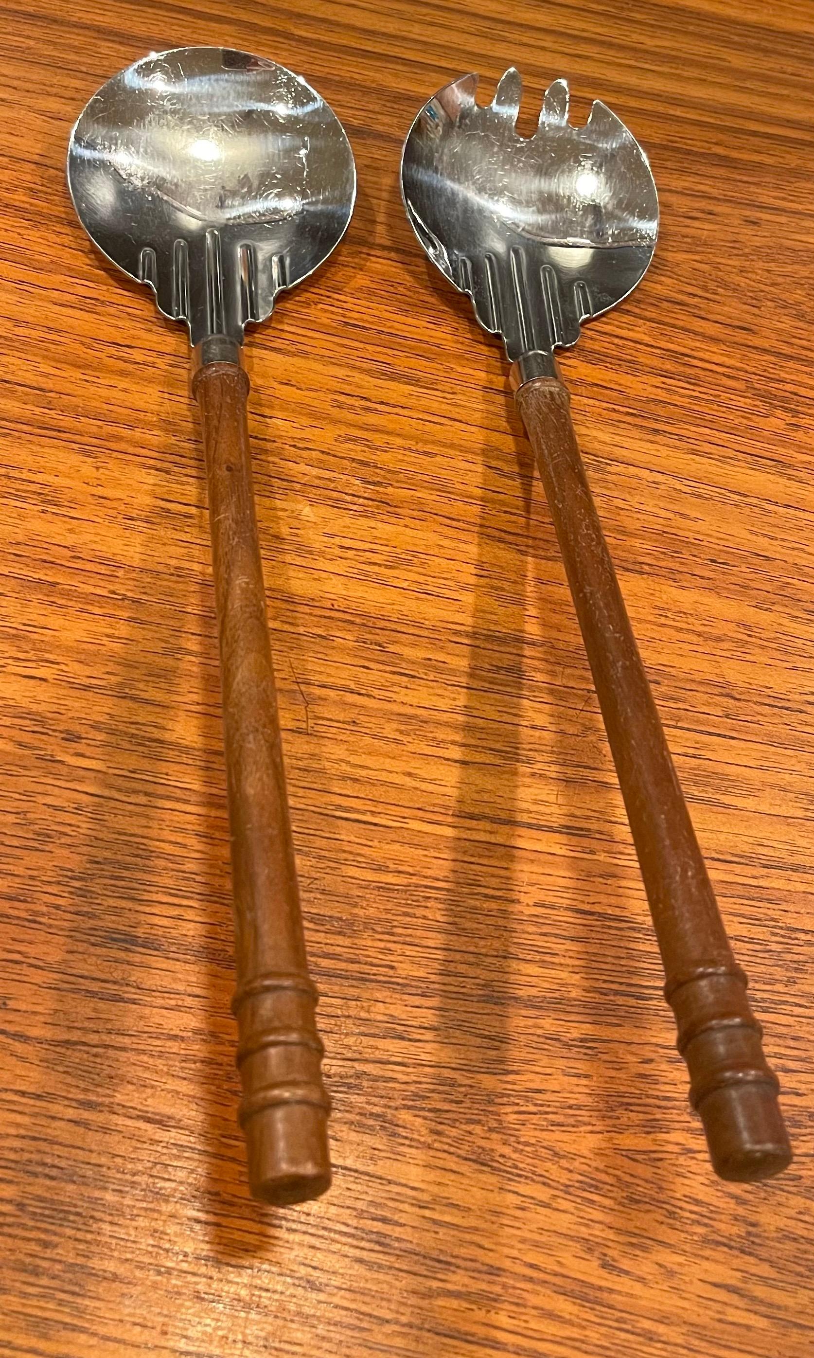 Walnut & Stainless Steel Art Deco Salad Servers For Sale 1