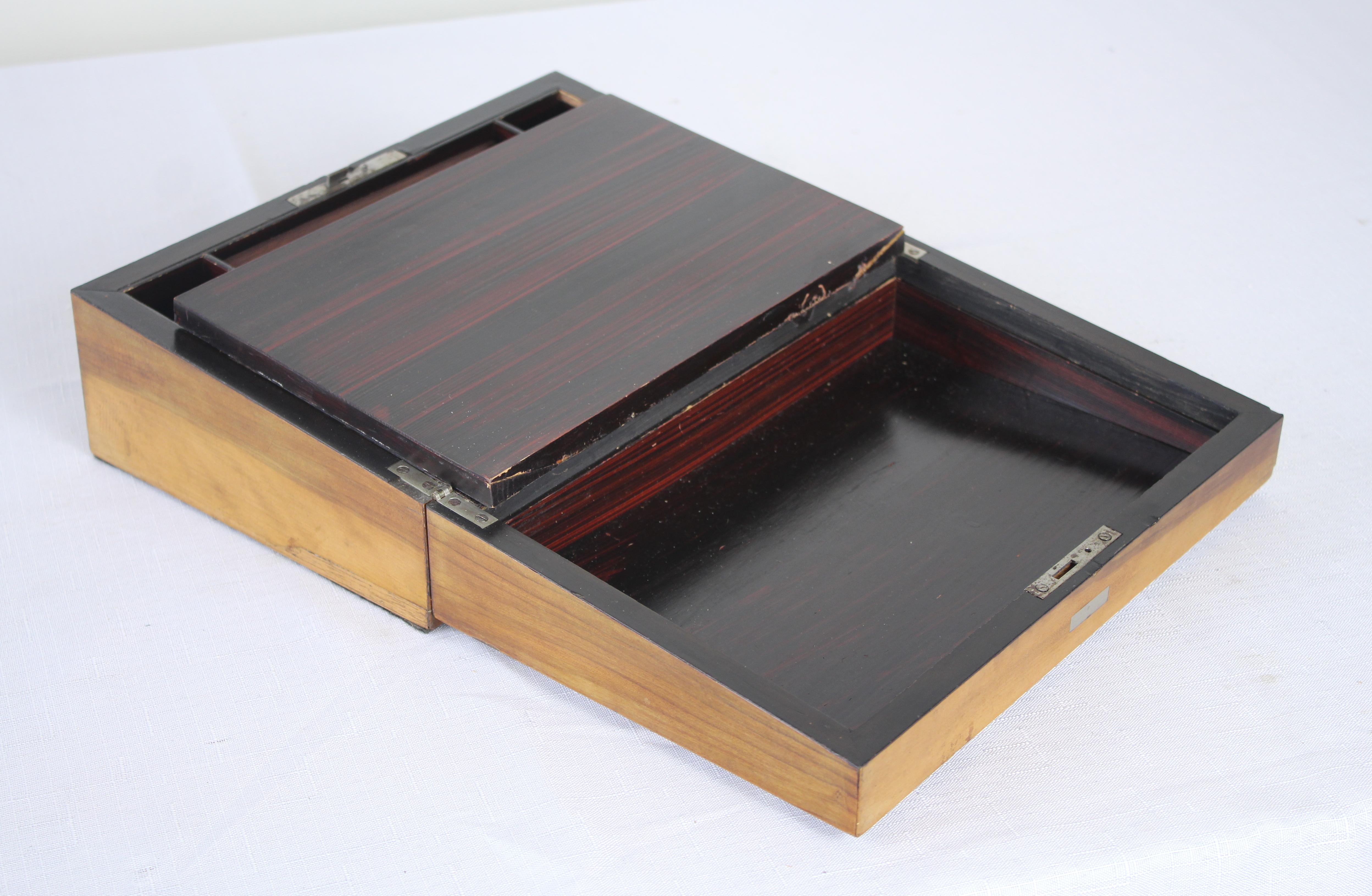 English Walnut Stationary Box Inlaid with Ebony and Mother-of-Pearl For Sale