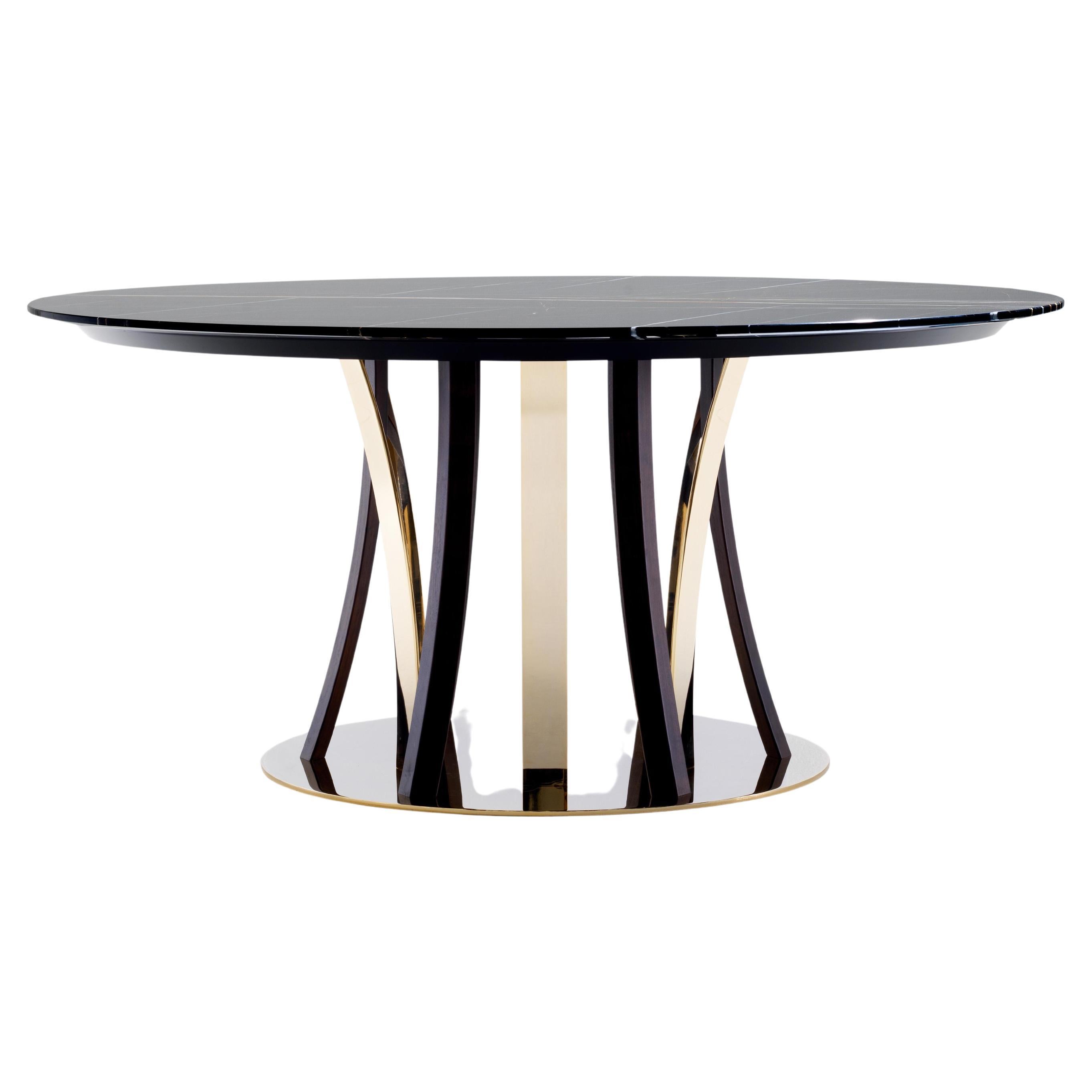 Walnut Structure, Metal, Marble, Satin Brass, Honore Dining Table For