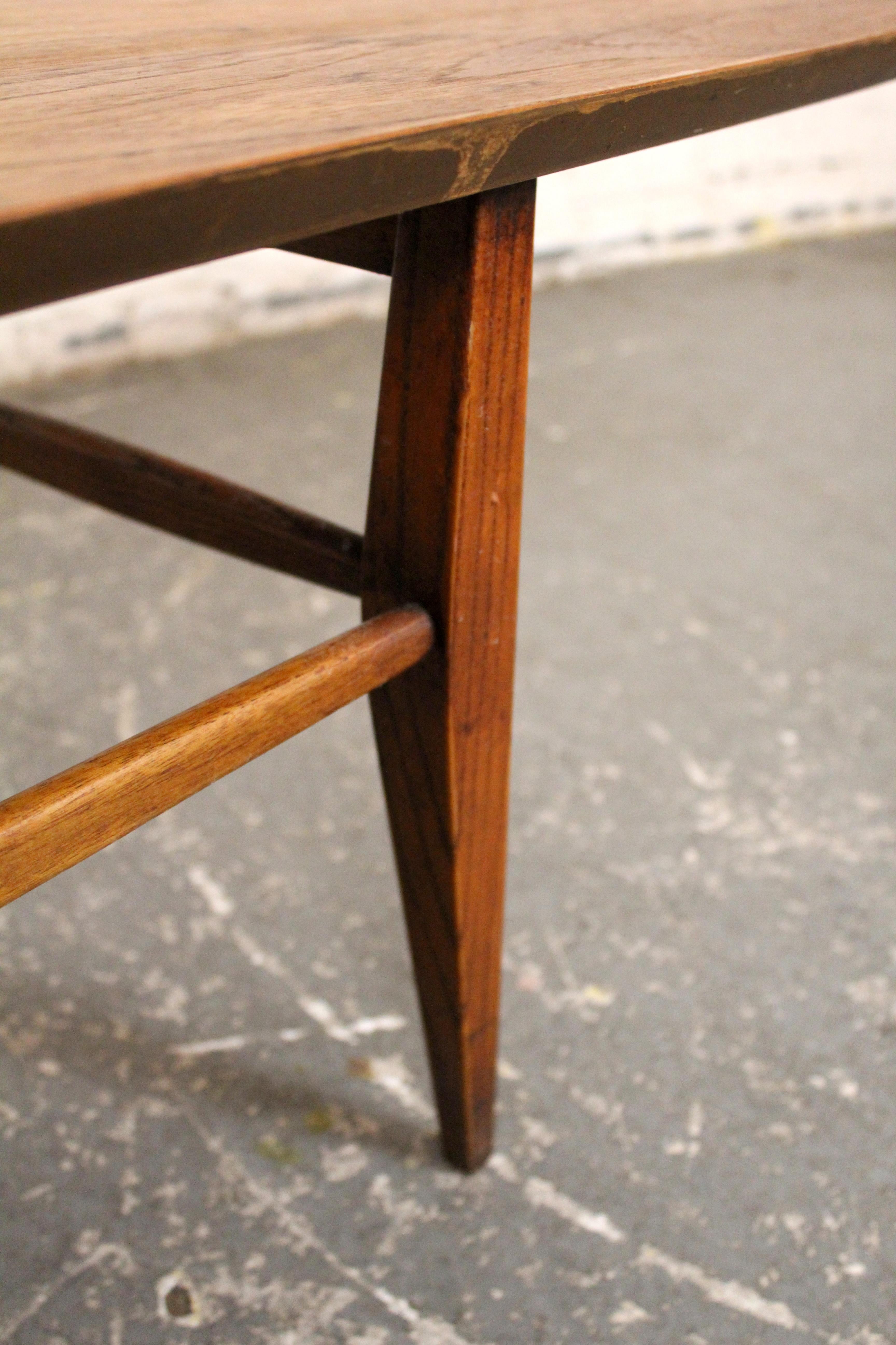 20th Century Walnut Surfboard Coffee Table with Spindled Shelf For Sale