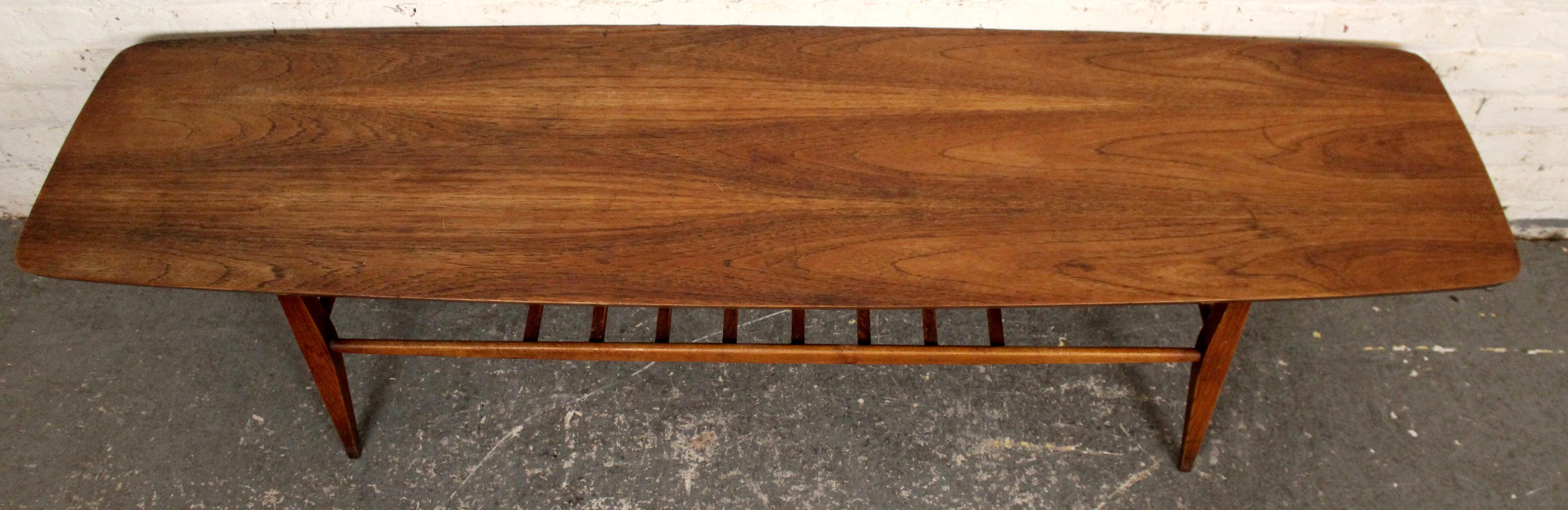 Walnut Surfboard Coffee Table with Spindled Shelf For Sale 1