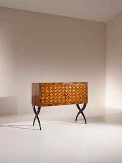 Walnut Tiles Decorated Cabinet with Crossed Legs by Paolo Buffa 'Attr.', 1930s