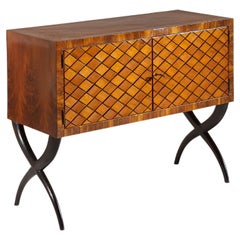 Walnut Tiles Decorated Cabinet with Crossed Legs by Paolo Buffa 'Attr.', 1930s