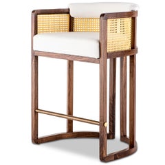Walnut Timber, Rattan, Solid Brass, Bronzed steel and Linen Livingston Bar Stool