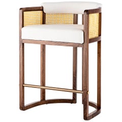 Barhocker Livingston aus Walnussholz:: Rattan:: massivem Messing:: bronziertem Stahl und Leinen