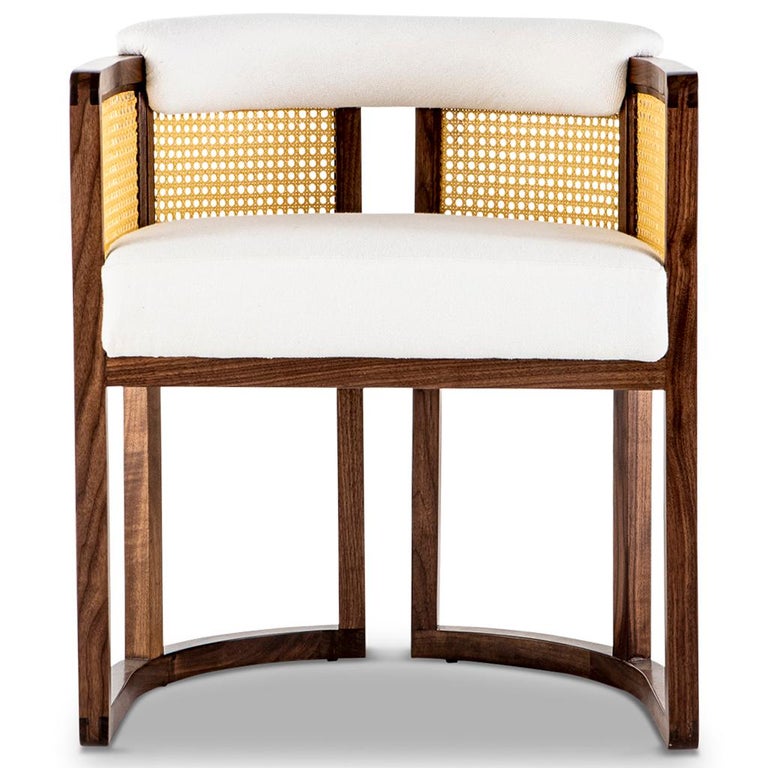 South African Walnut Timber, Rattan, Linen Livingston Dining Room Chair For Sale
