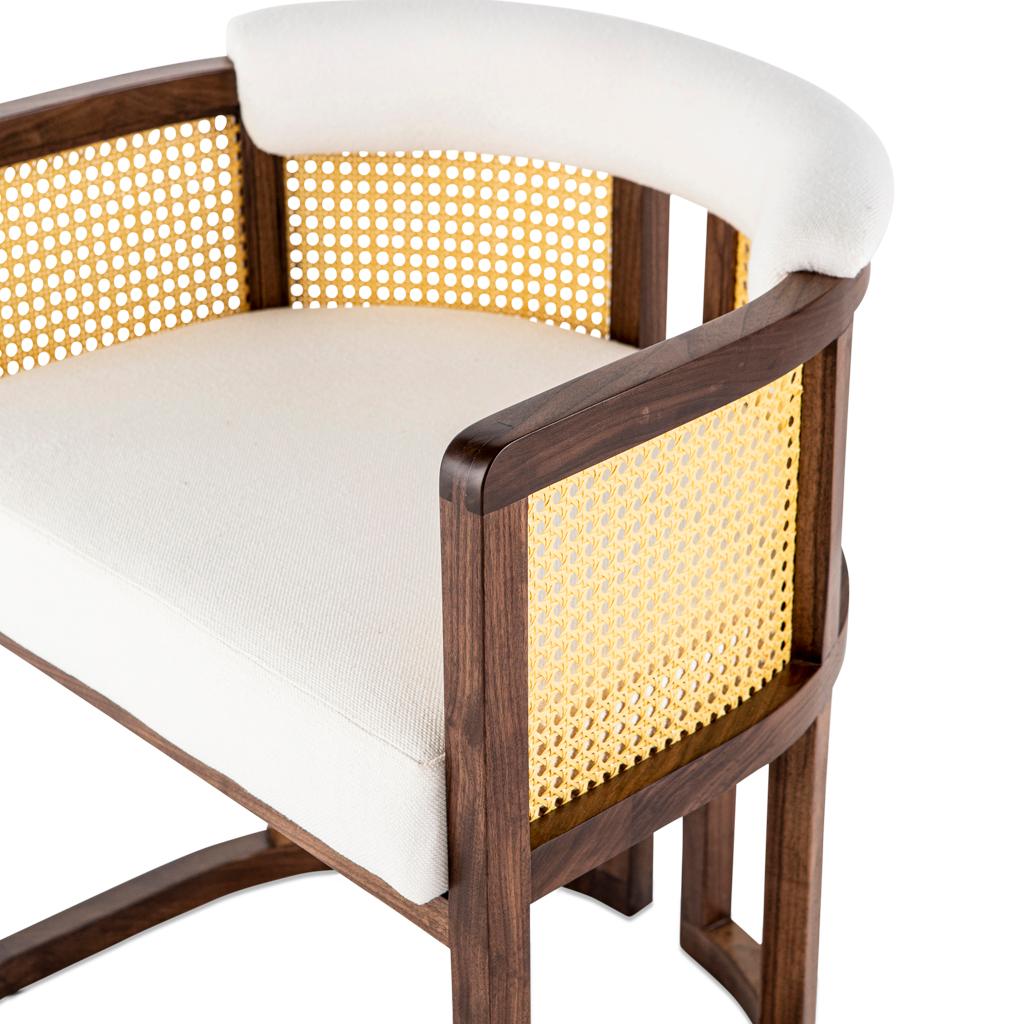 Modern Walnut Timber, Rattan, Linen Livingston Dining Room Chair For Sale
