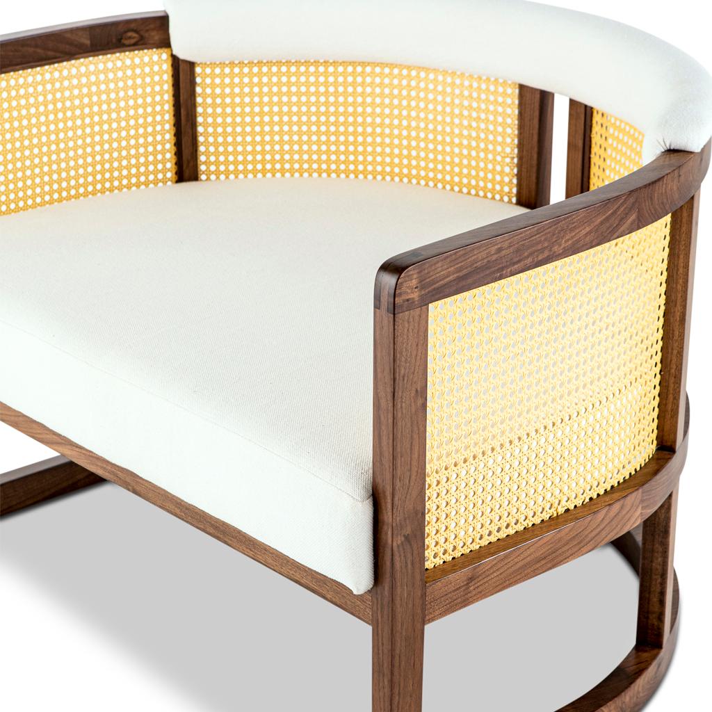 Walnut Timber, Rattan and Linen Livingston Lounge Chair In New Condition For Sale In Bothas Hill, KZN