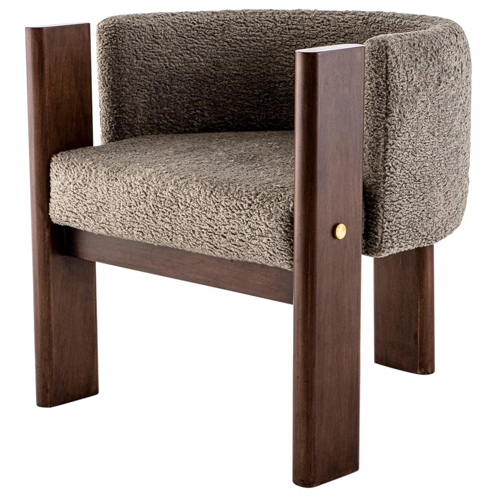 Modern, Walnut Timber, Solid Brass and Boucle' Malta Dining and Lounge Chair For Sale