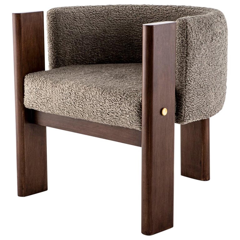 Walnut Timber, Solid Brass and Boucle' Malta Dining and Lounge Chair