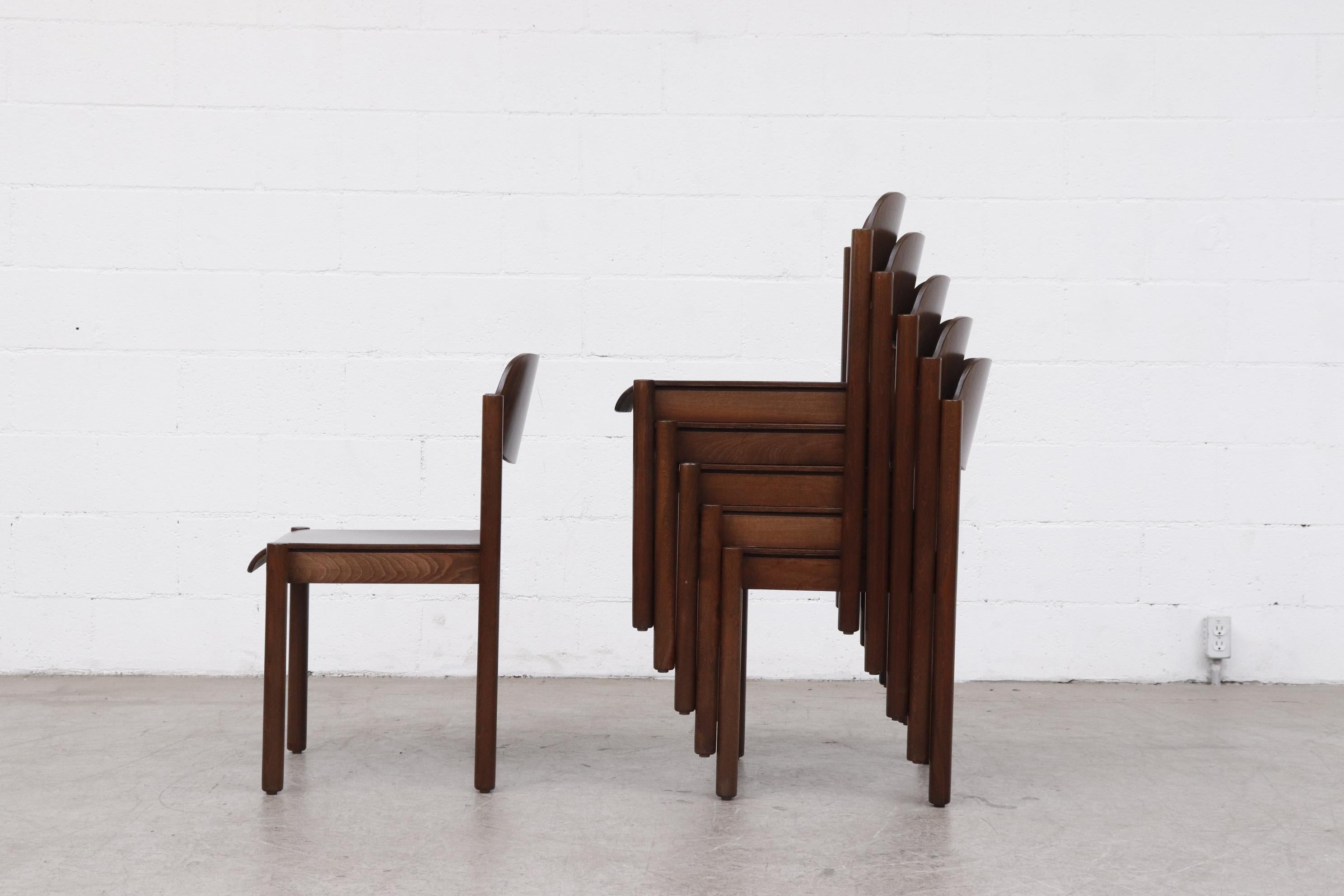 Mid-Century Modern Walnut Toned Vico Magistretti Style Stacking Chairs