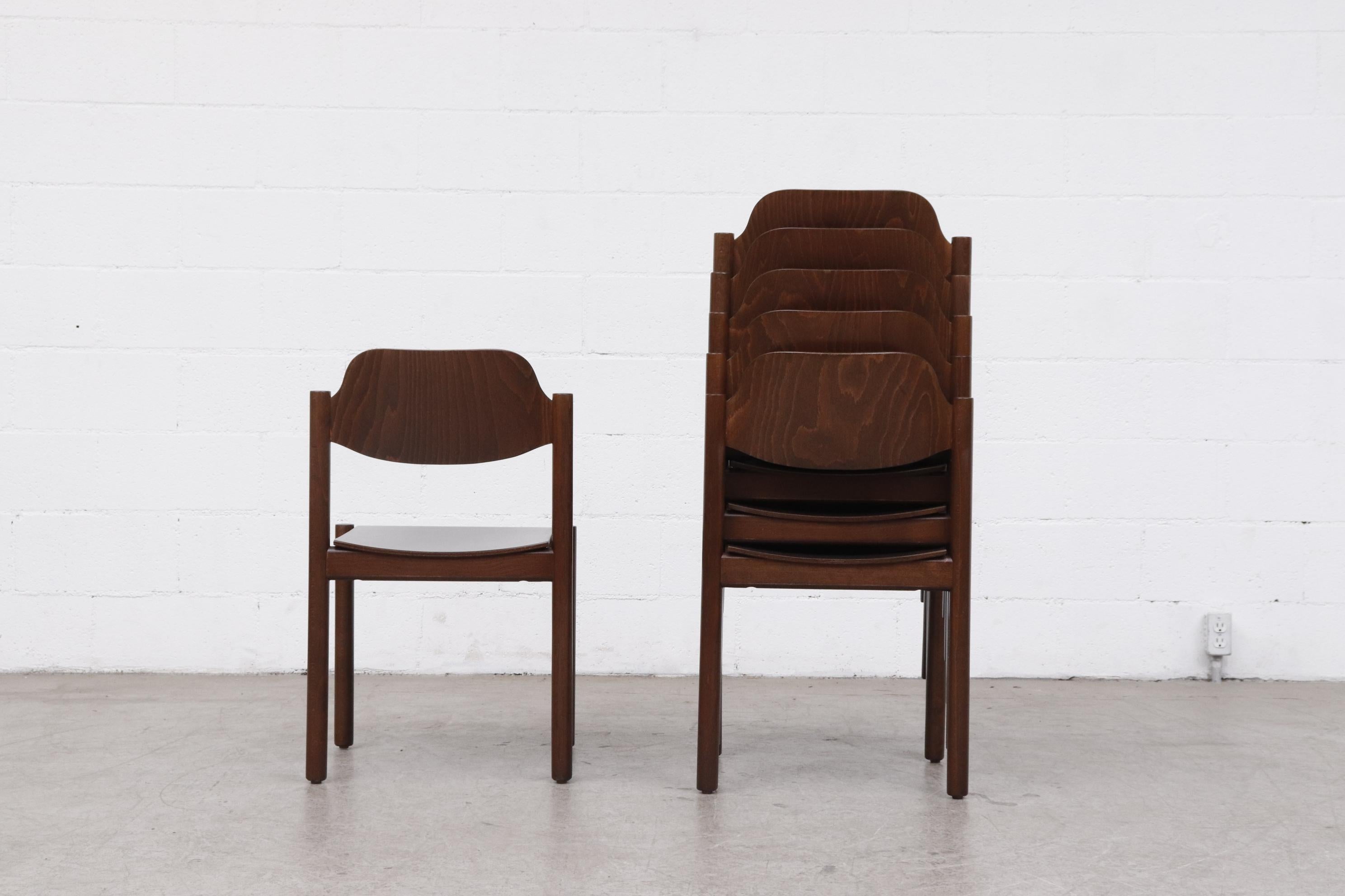 Walnut Toned Vico Magistretti Style Stacking Chairs In Good Condition In Los Angeles, CA