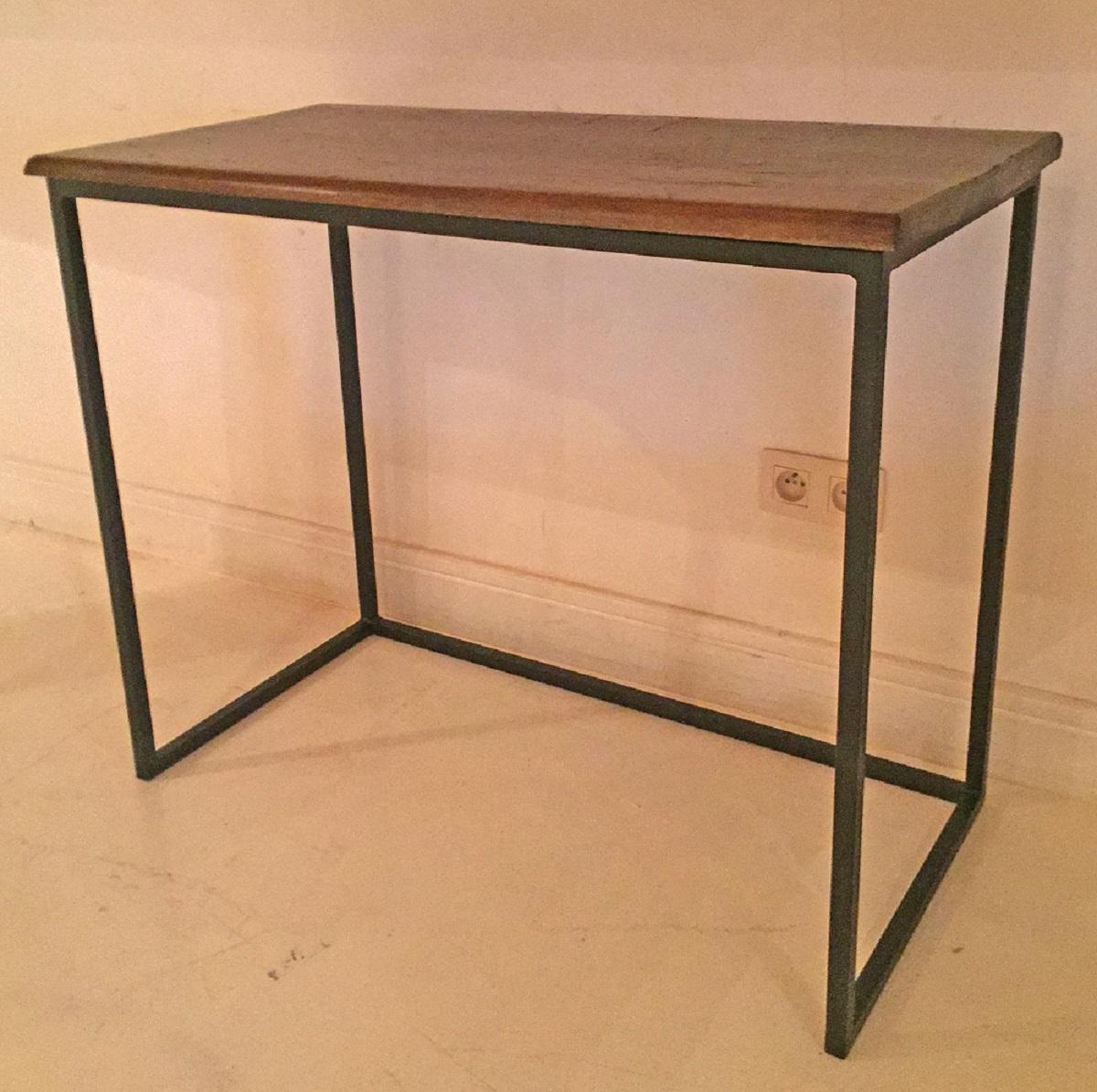 A small writing or side table with a 18th century Italian walnut top on a custom made iron base. The top is one piece of walnut with great color and patina.