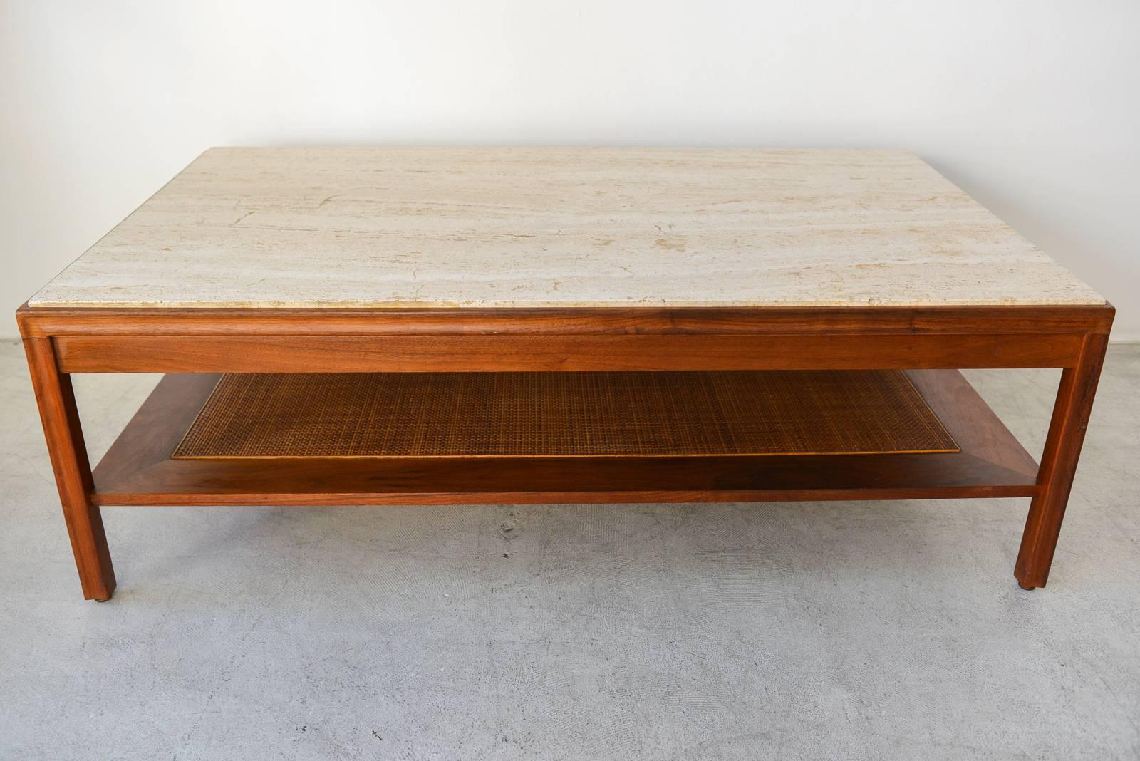 Mid-Century Modern Walnut, Travertine and Cane Coffee Table by Gerry Zanck, circa 1957