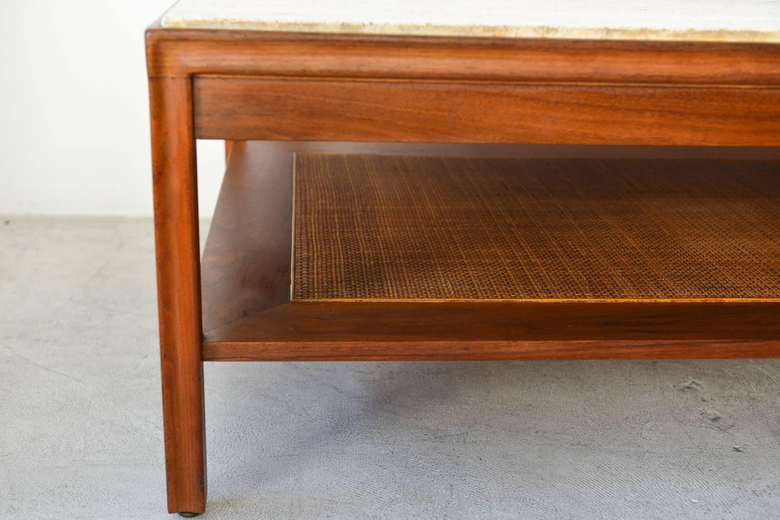 Walnut, Travertine and Cane Coffee Table by Gerry Zanck, circa 1957 In Good Condition In Costa Mesa, CA