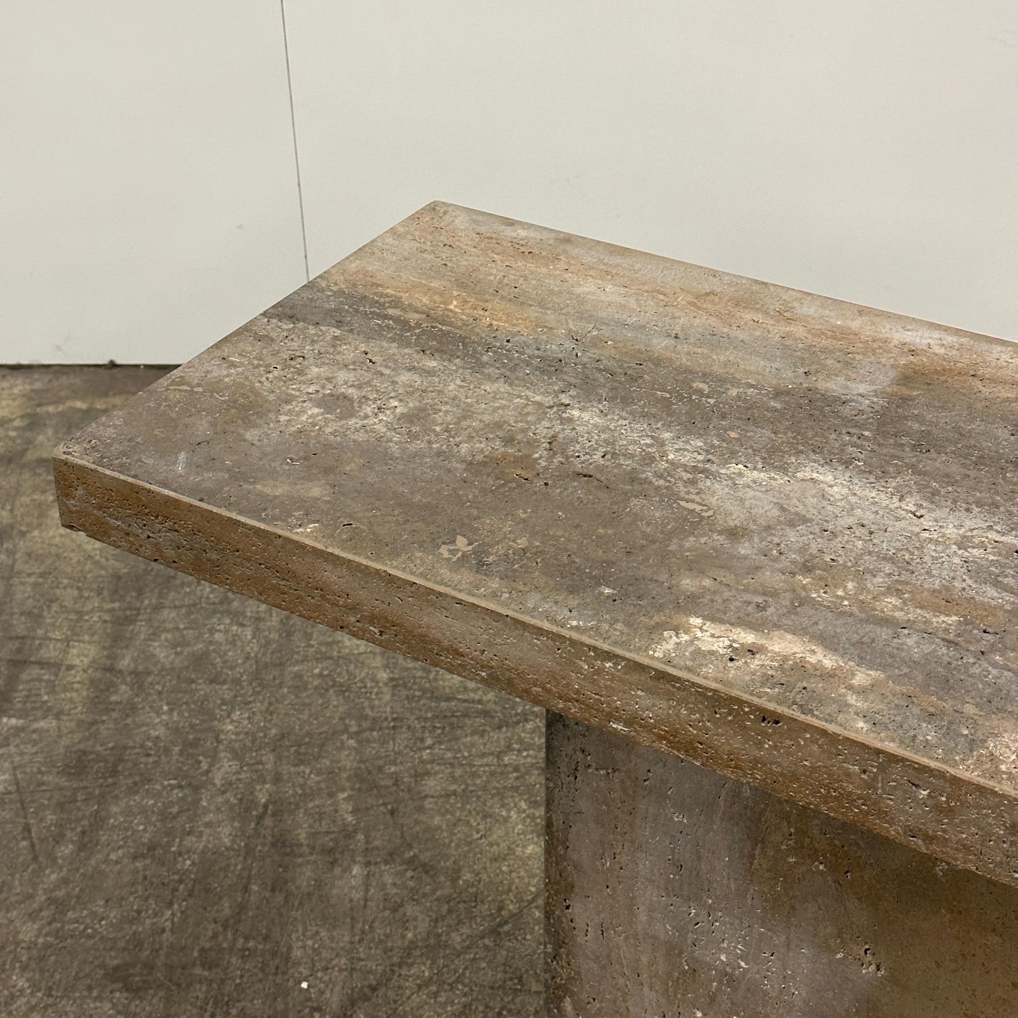 c. 1990s. Walnut travertine console table by Stone International. Made in Italy. Two pieces. 