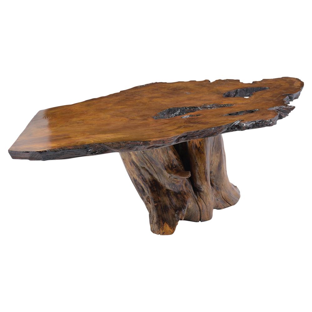 Stained Organic Modern Sculptural Root Dining Table with Solid Walnut Slab Top