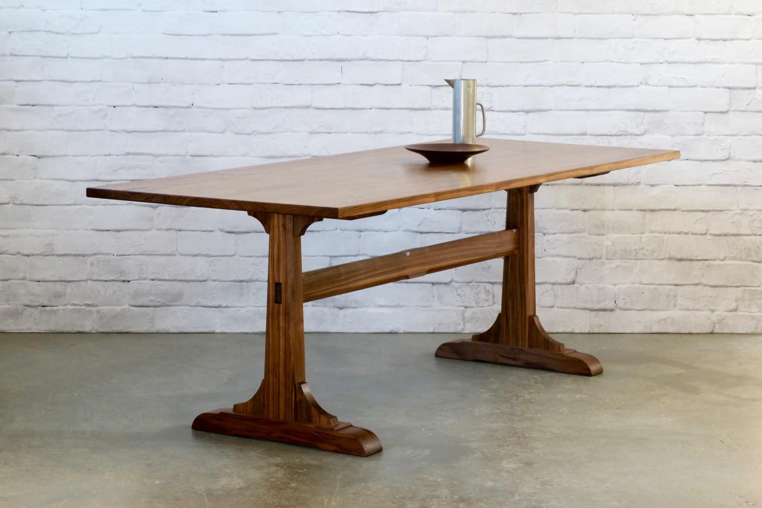 Walnut Trestle Dining Table by Thomas Throop/Black Creek Designs - In Stock In New Condition For Sale In New Canaan, CT