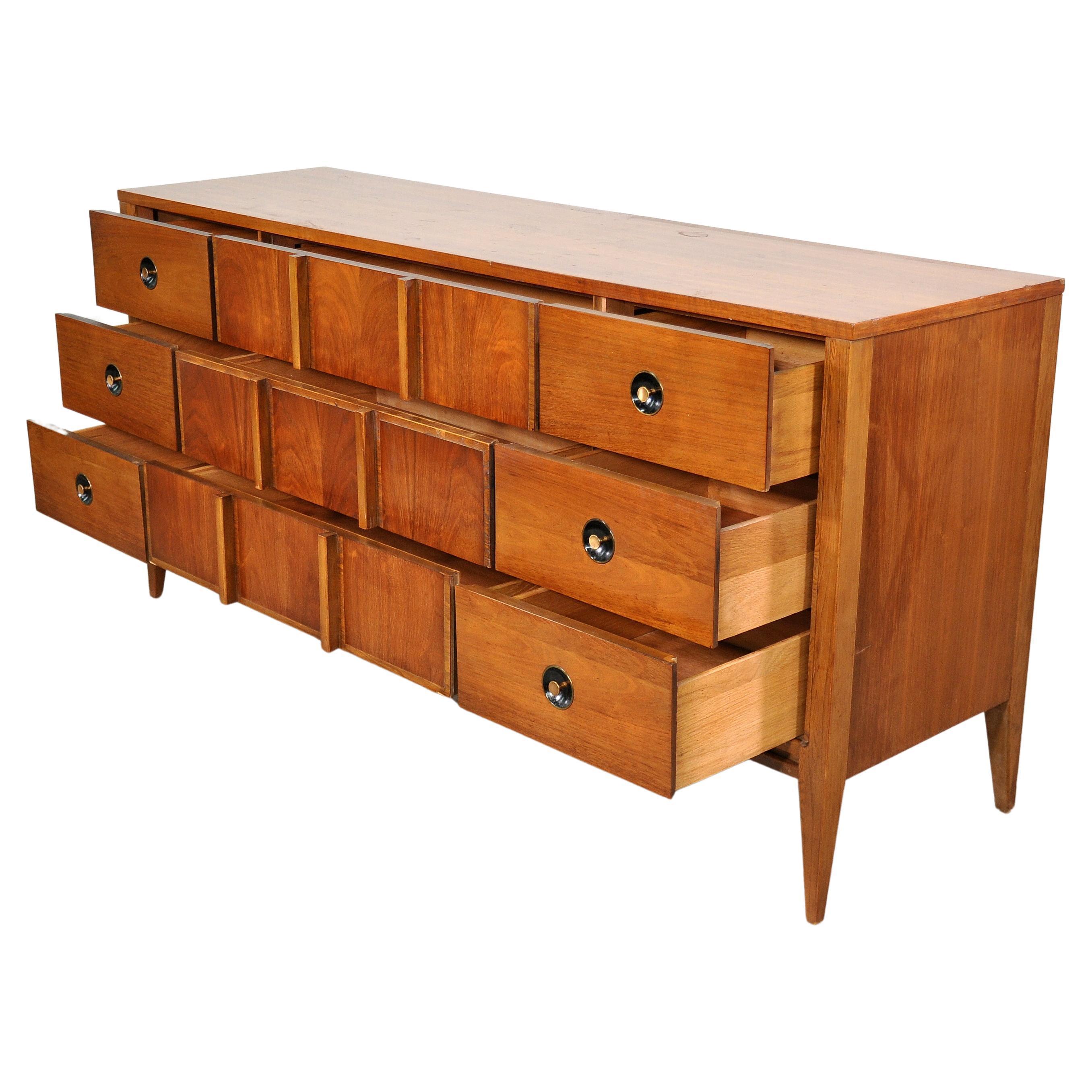 North American Walnut Triple Dresser and Mirror Mid-Century Bedroom Set by Stanley Furniture For Sale