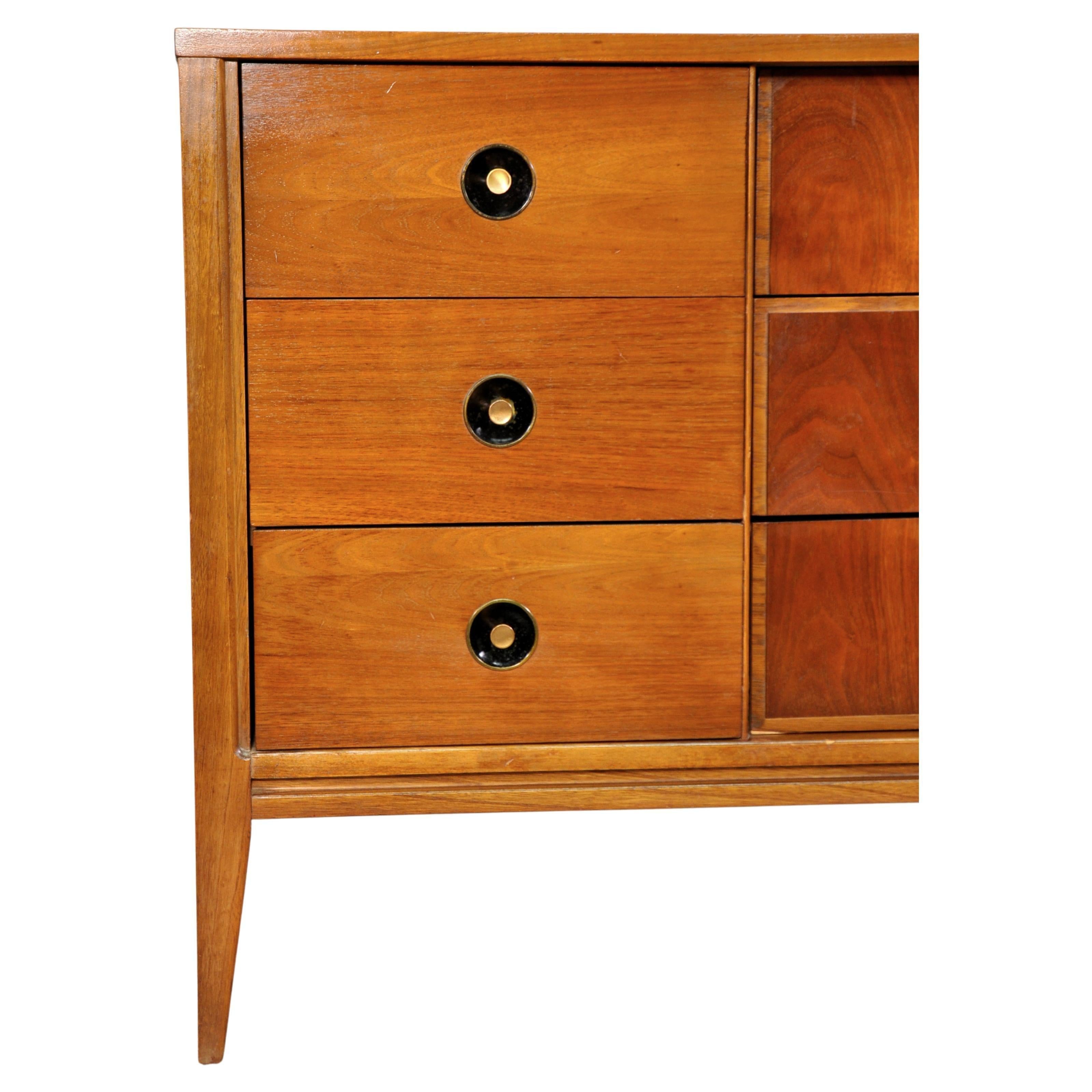 Mid-20th Century Walnut Triple Dresser and Mirror Mid-Century Bedroom Set by Stanley Furniture For Sale