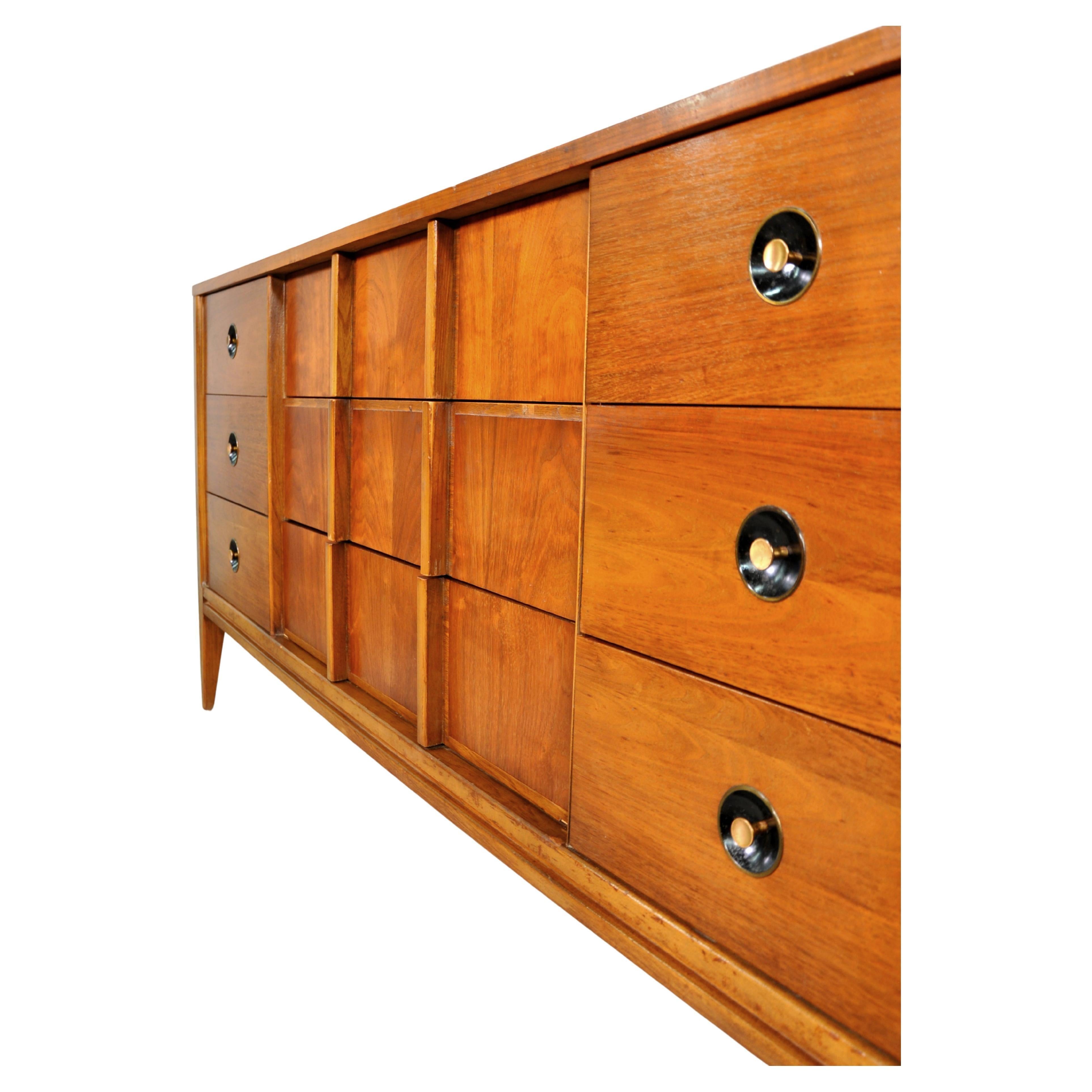 Metal Walnut Triple Dresser and Mirror Mid-Century Bedroom Set by Stanley Furniture For Sale