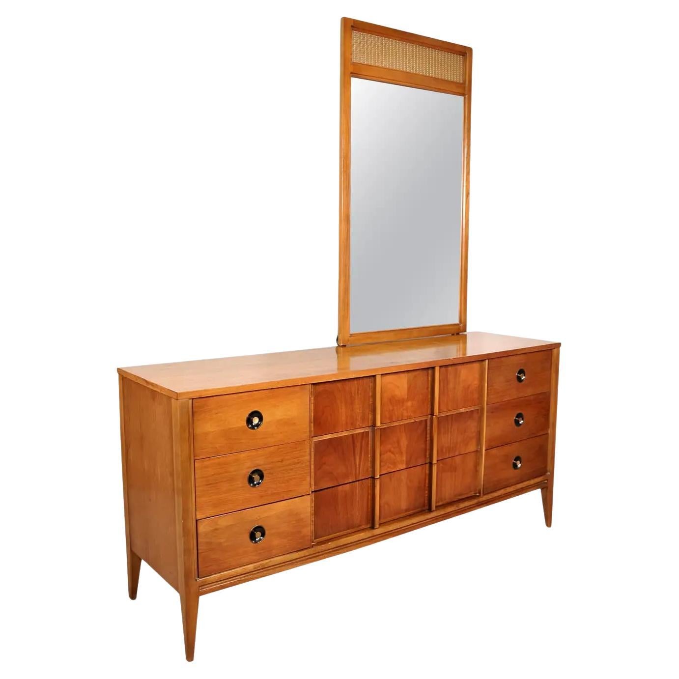 Walnut Triple Dresser and Mirror Mid-Century Bedroom Set by Stanley Furniture For Sale