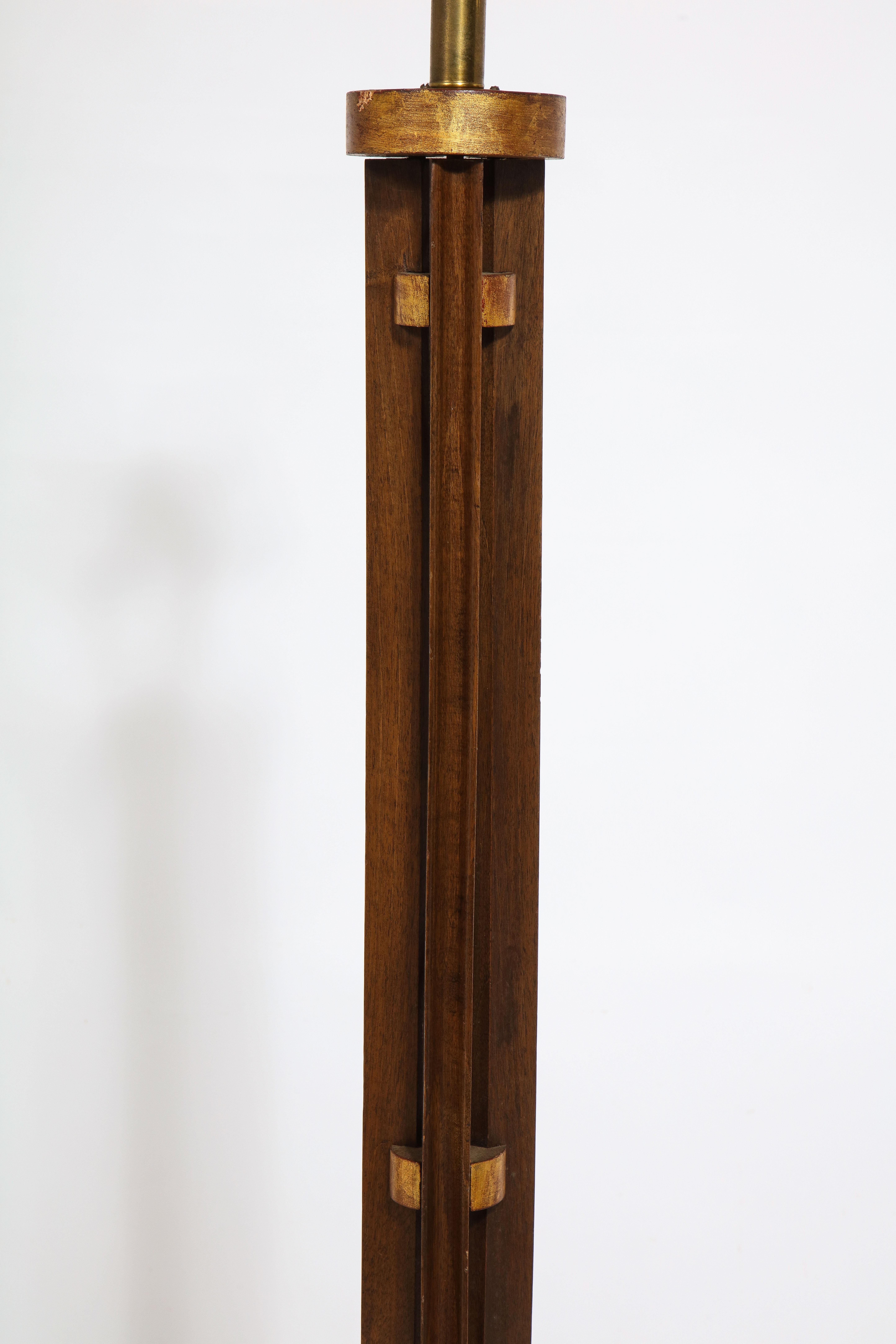 Walnut Tripod Floor Lamp with Gilt Accents, France 1960's  For Sale 2