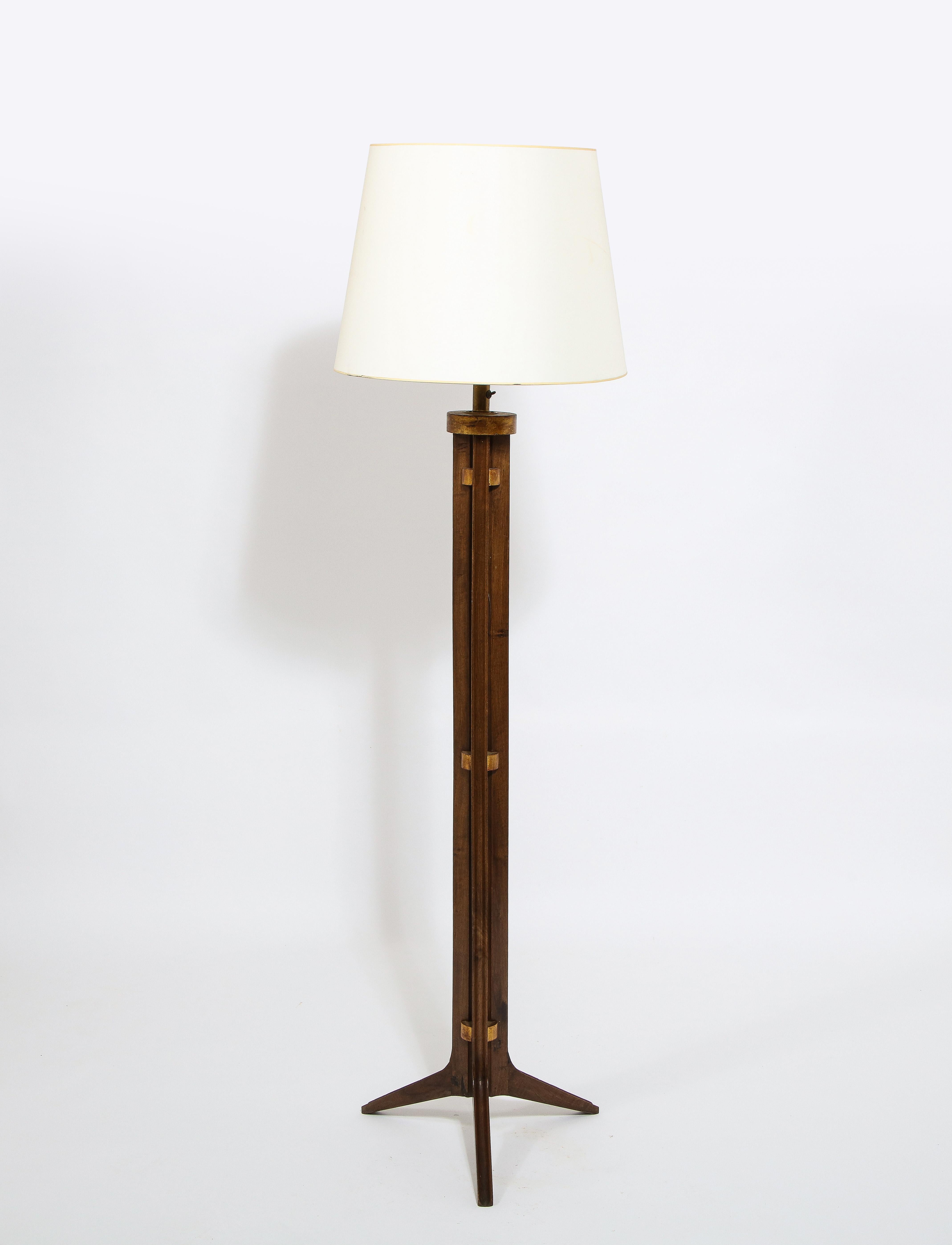 Walnut Tripod Floor Lamp with Gilt Accents, France 1960's  For Sale 3