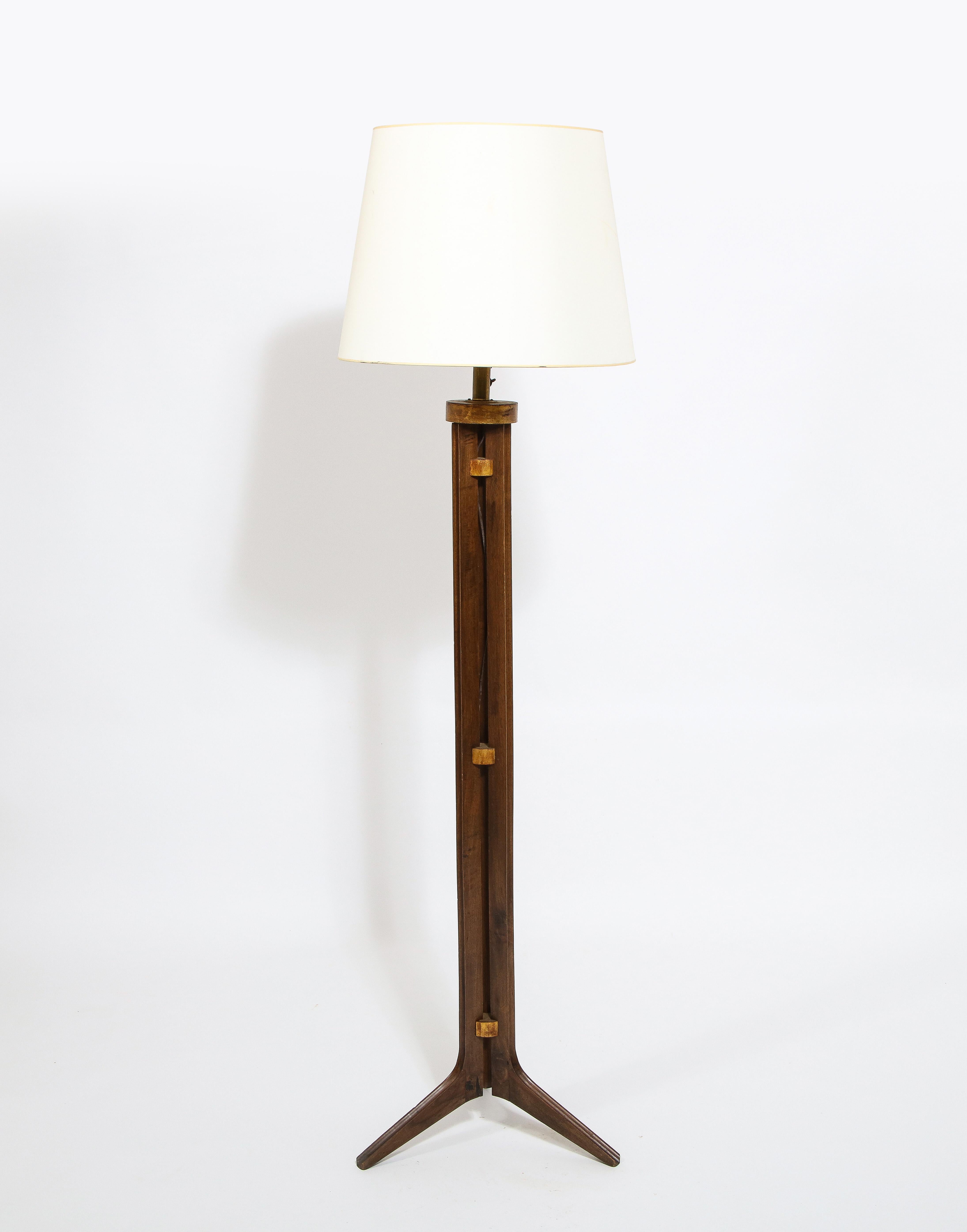 Walnut Tripod Floor Lamp with Gilt Accents, France 1960's For Sale 4