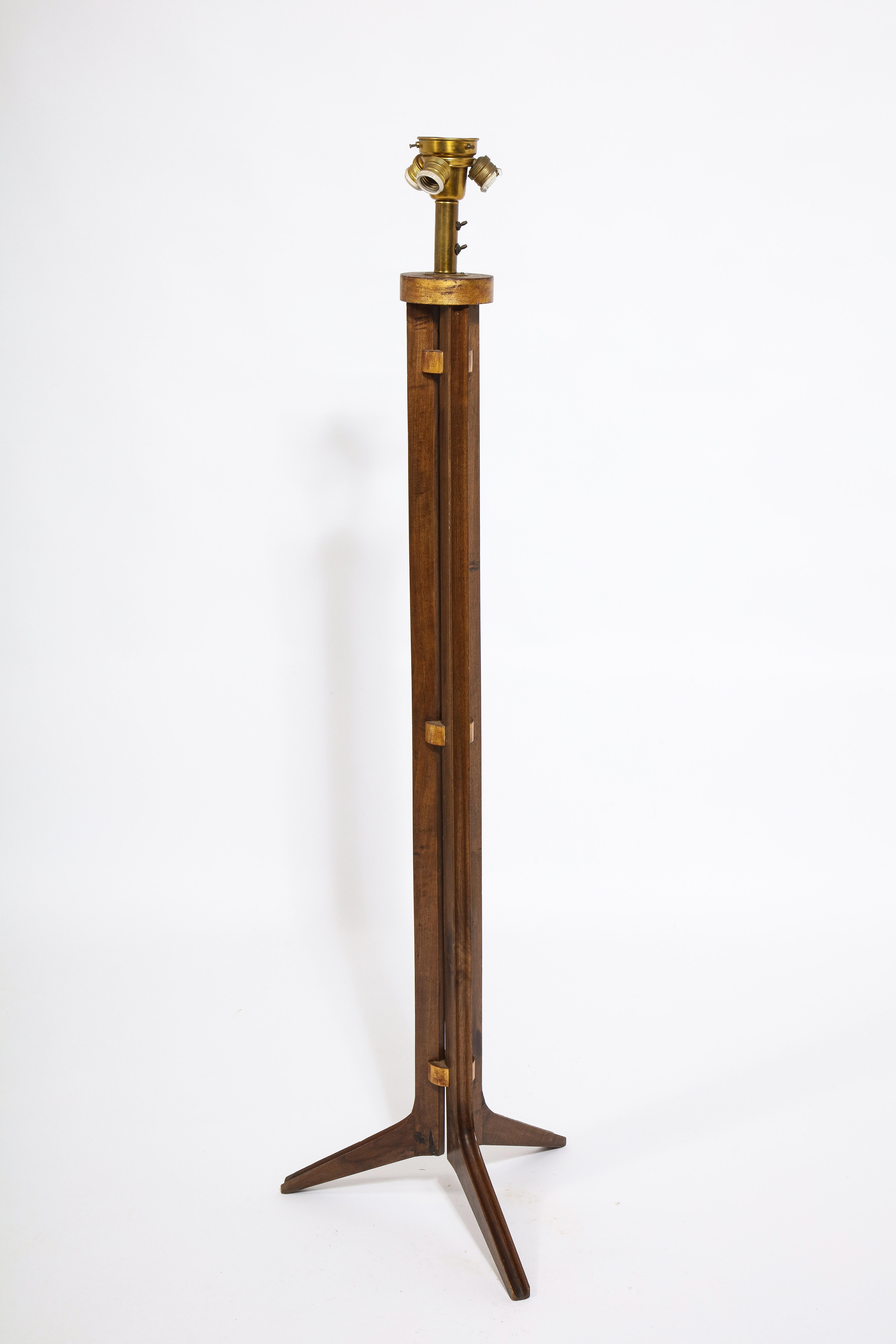 French Walnut Tripod Floor Lamp with Gilt Accents, France 1960's  For Sale