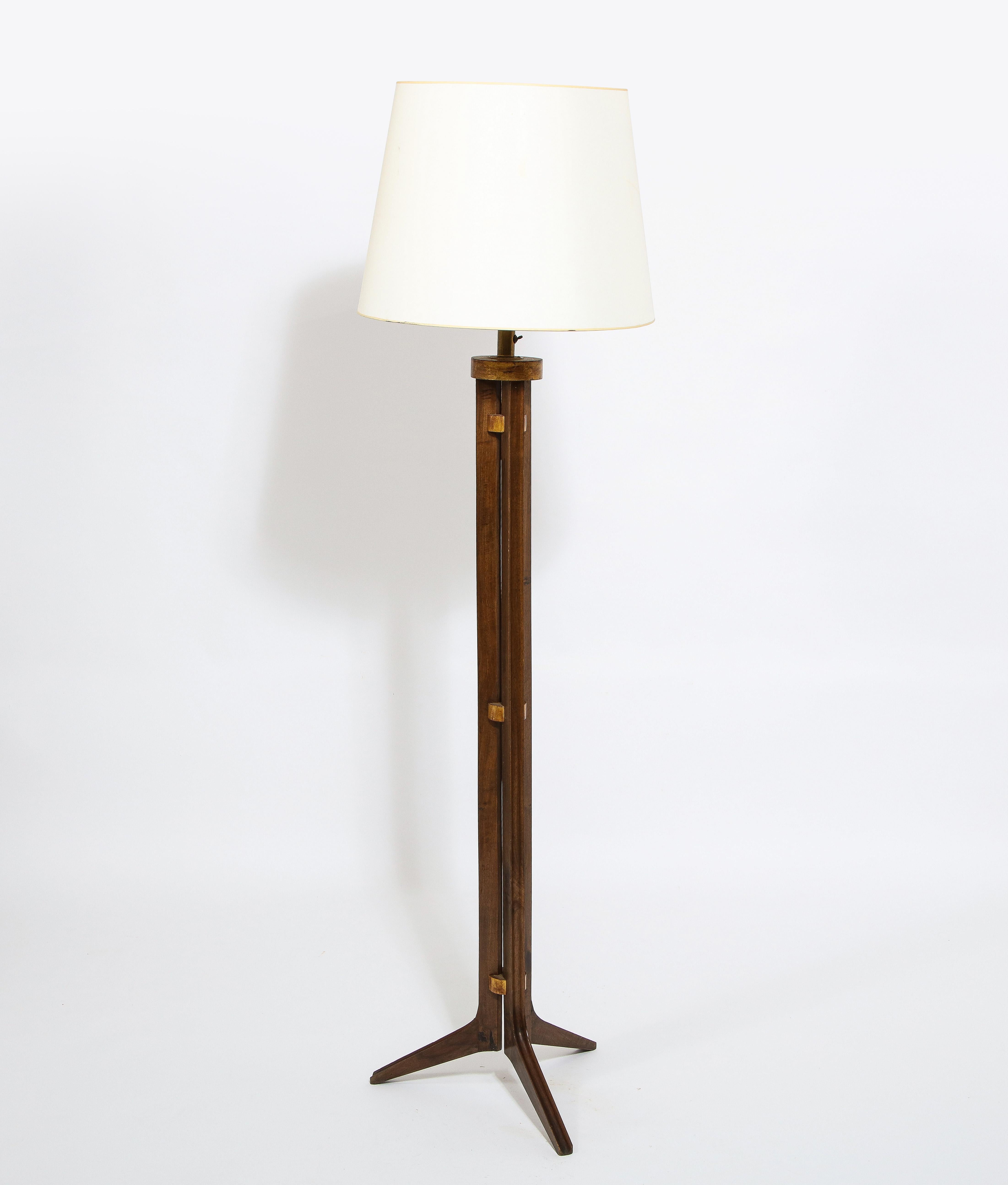 Walnut Tripod Floor Lamp with Gilt Accents, France 1960's  In Good Condition For Sale In New York, NY