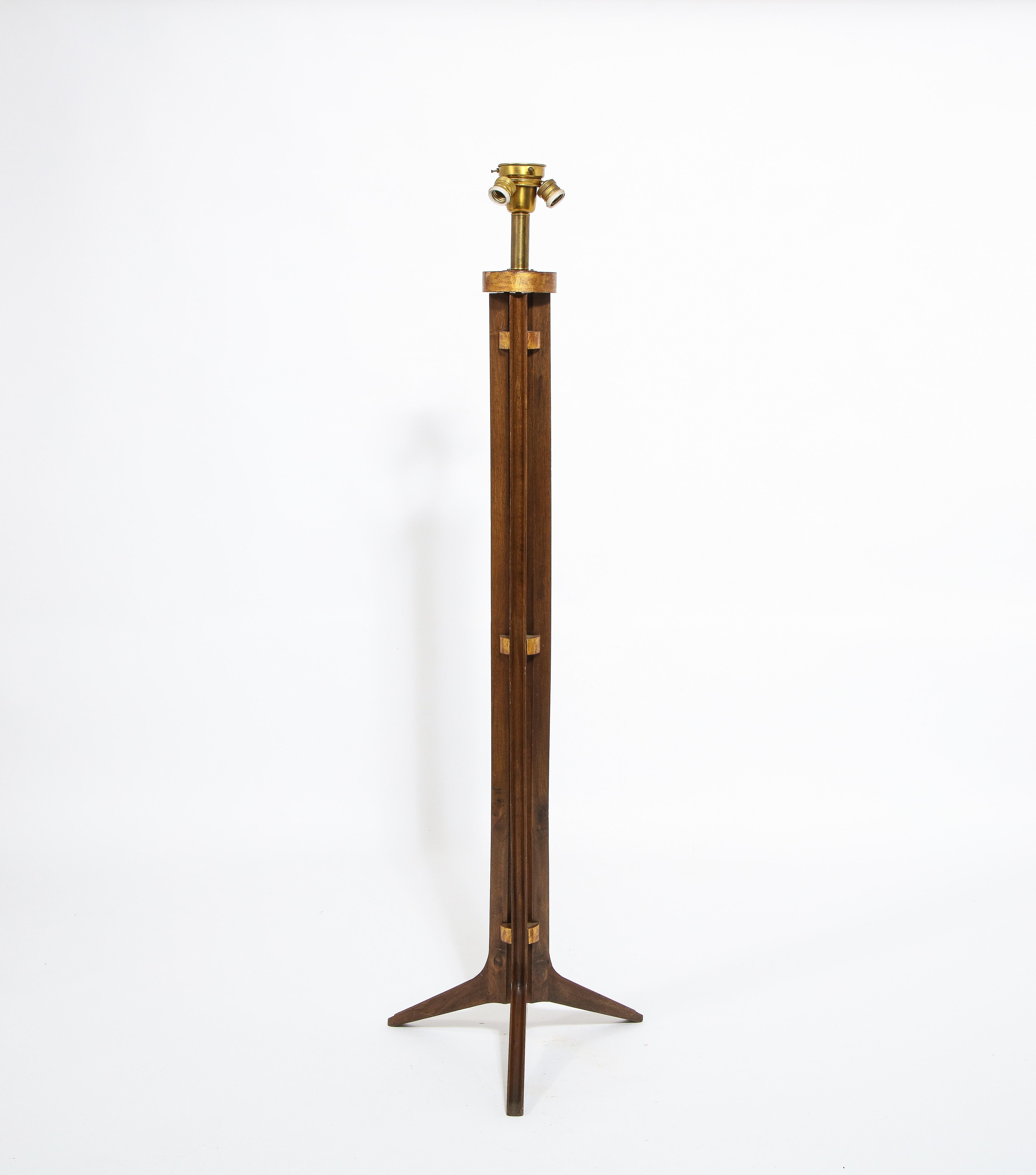 20th Century Walnut Tripod Floor Lamp with Gilt Accents, France 1960's  For Sale