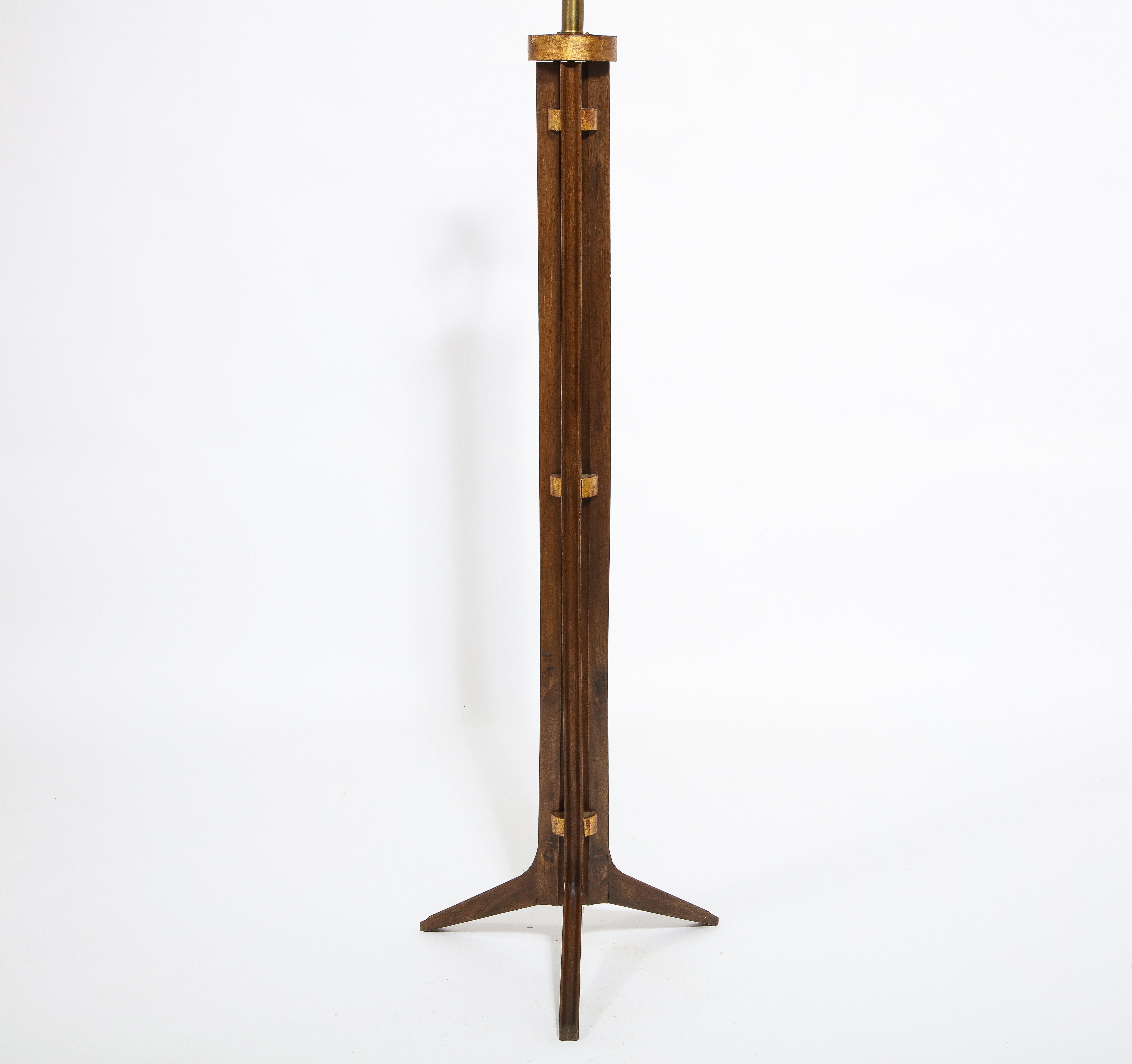 Brass Walnut Tripod Floor Lamp with Gilt Accents, France 1960's  For Sale