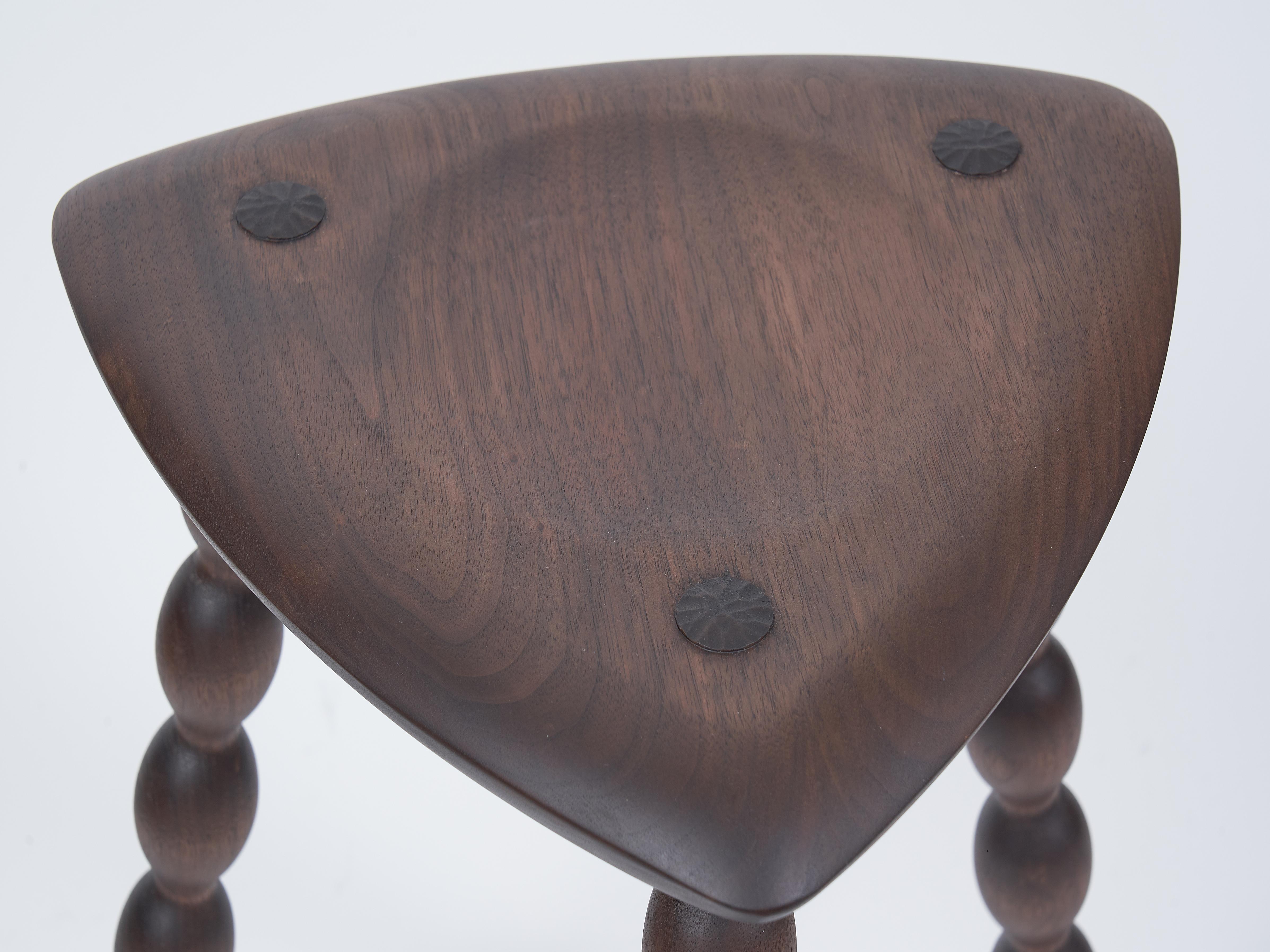 Modern Walnut Tripod Stool with Turned Bobbin Legs by Val Khvan For Sale