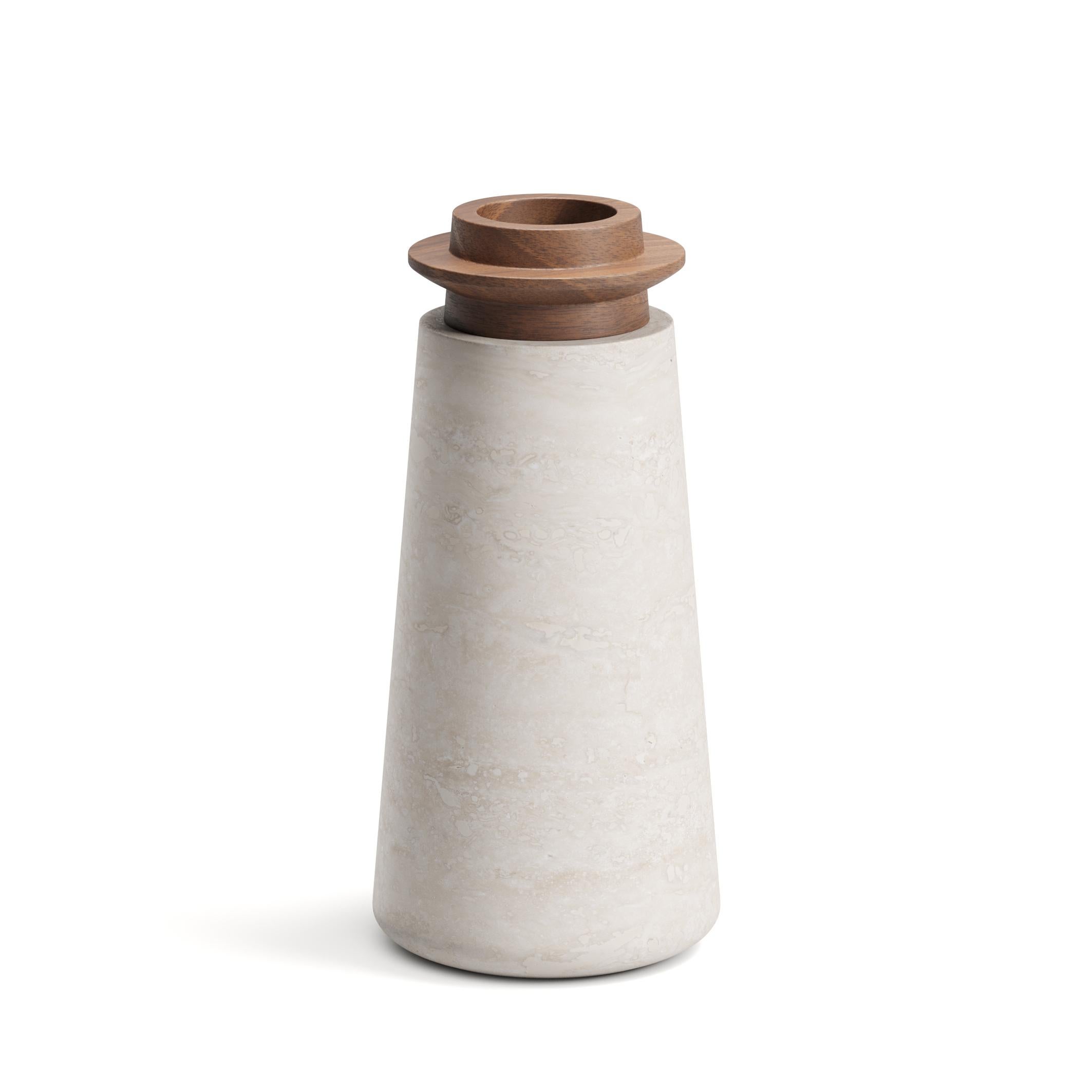 Walnut Trivoli Vase L by Ivan Colominas
Dimensions: D 15 x H 31.7 cm
Materials: Travertino Navona and Walnut Wood.

TIVOLI COLLECTION:
TIVOLI, a picturesque city situated on the western slopes of the Sabine Hills, was the place that the Ancient