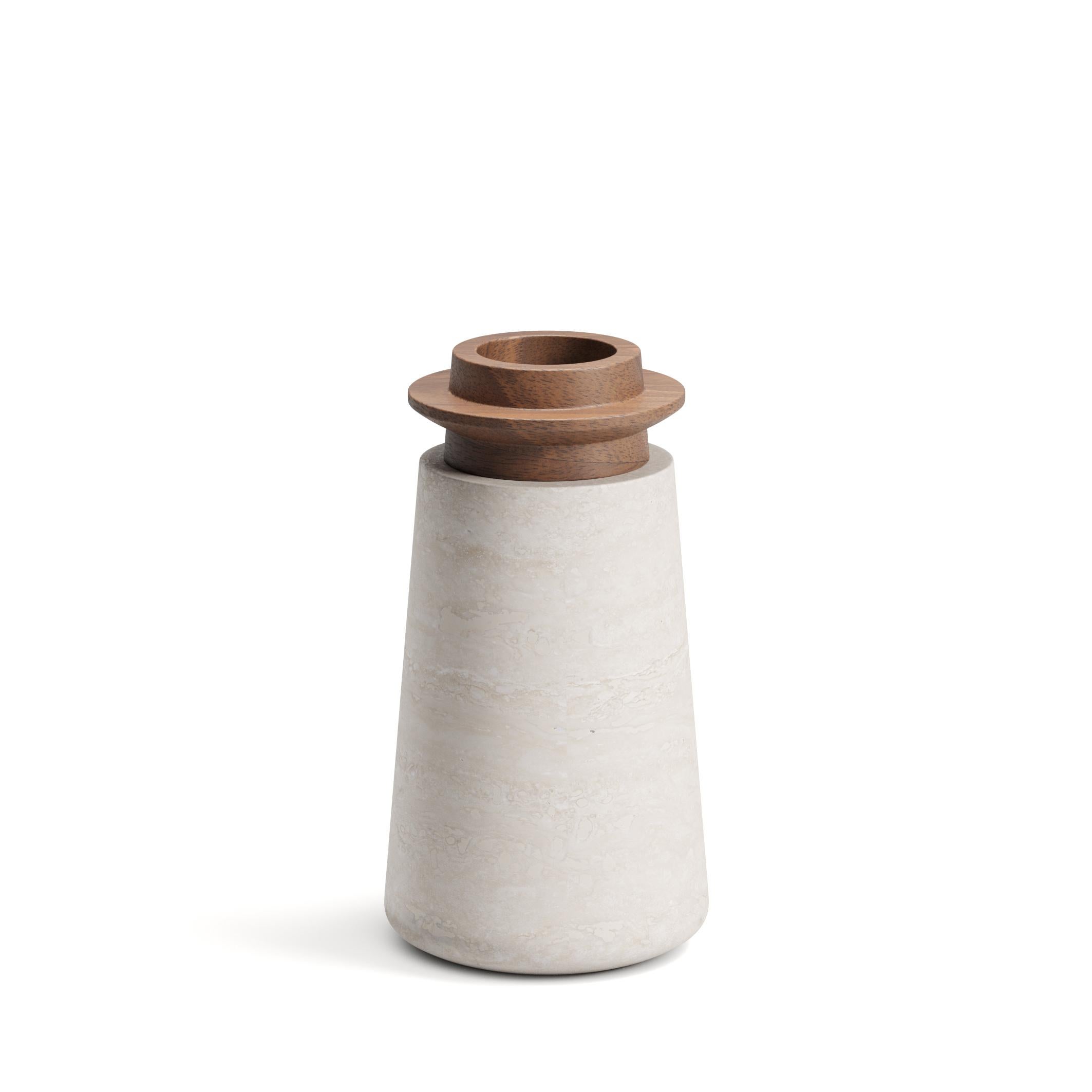 Walnut Trivoli Vase S by Ivan Colominas
Dimensions: D 14 x H 25.7 cm
Materials: Travertino Navona and Walnut Wood.

TIVOLI COLLECTION:
TIVOLI, a picturesque city situated on the western slopes of the Sabine Hills, was the place that the Ancient