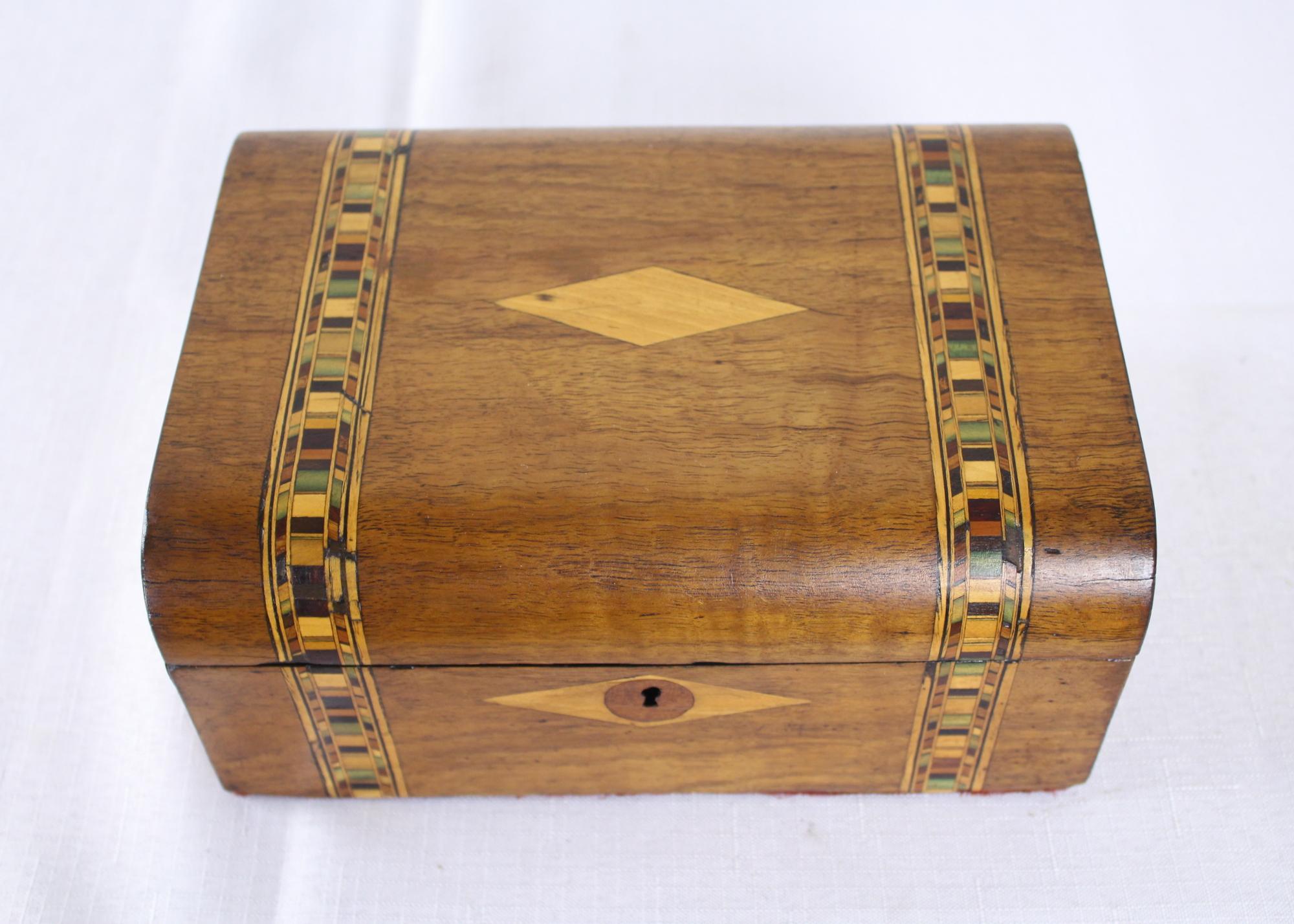 English Walnut Tumbridgeware Jewelry Box