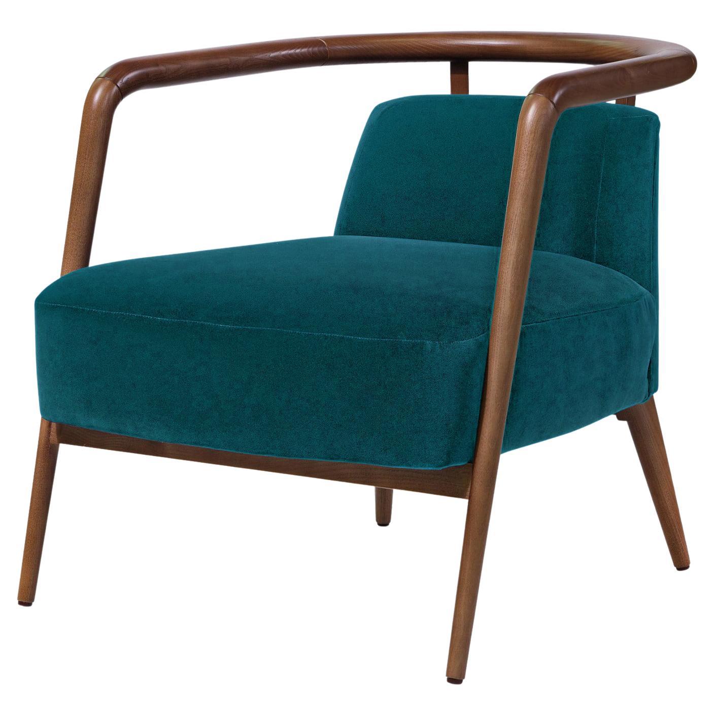 Fauteuil Essex moderne en noyer et velours turquoise en vente