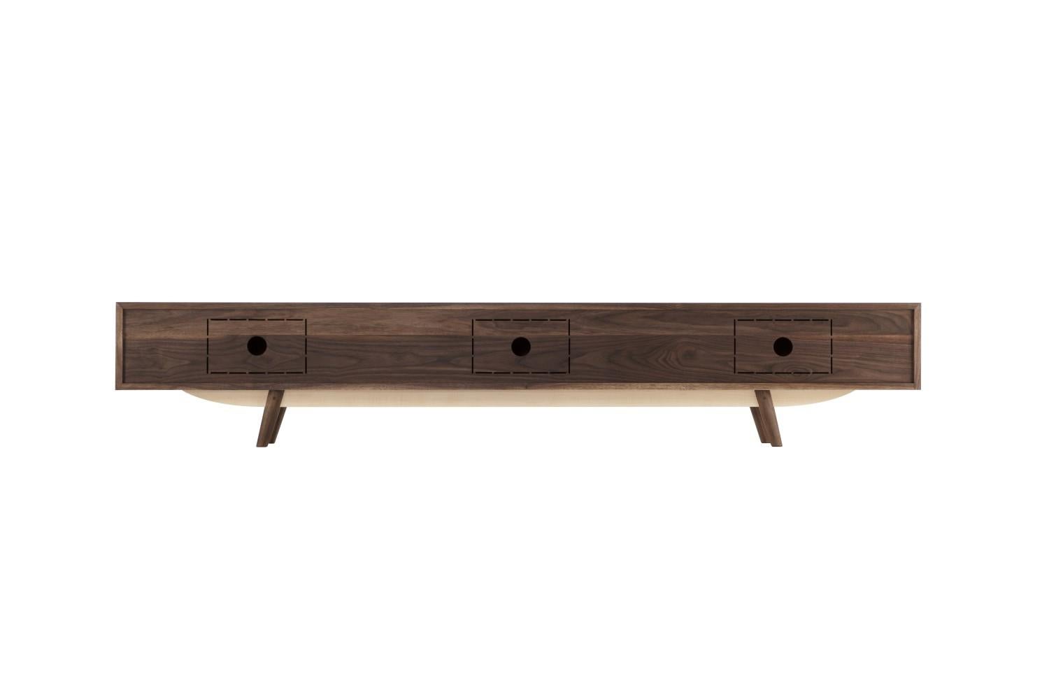 Asian Walnut Tv Console with Storage & Cable Management For Sale