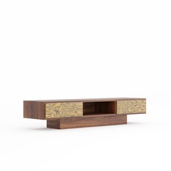 Walnut TV stand lowboard, Ettore Sottsass veneer, mid century modern