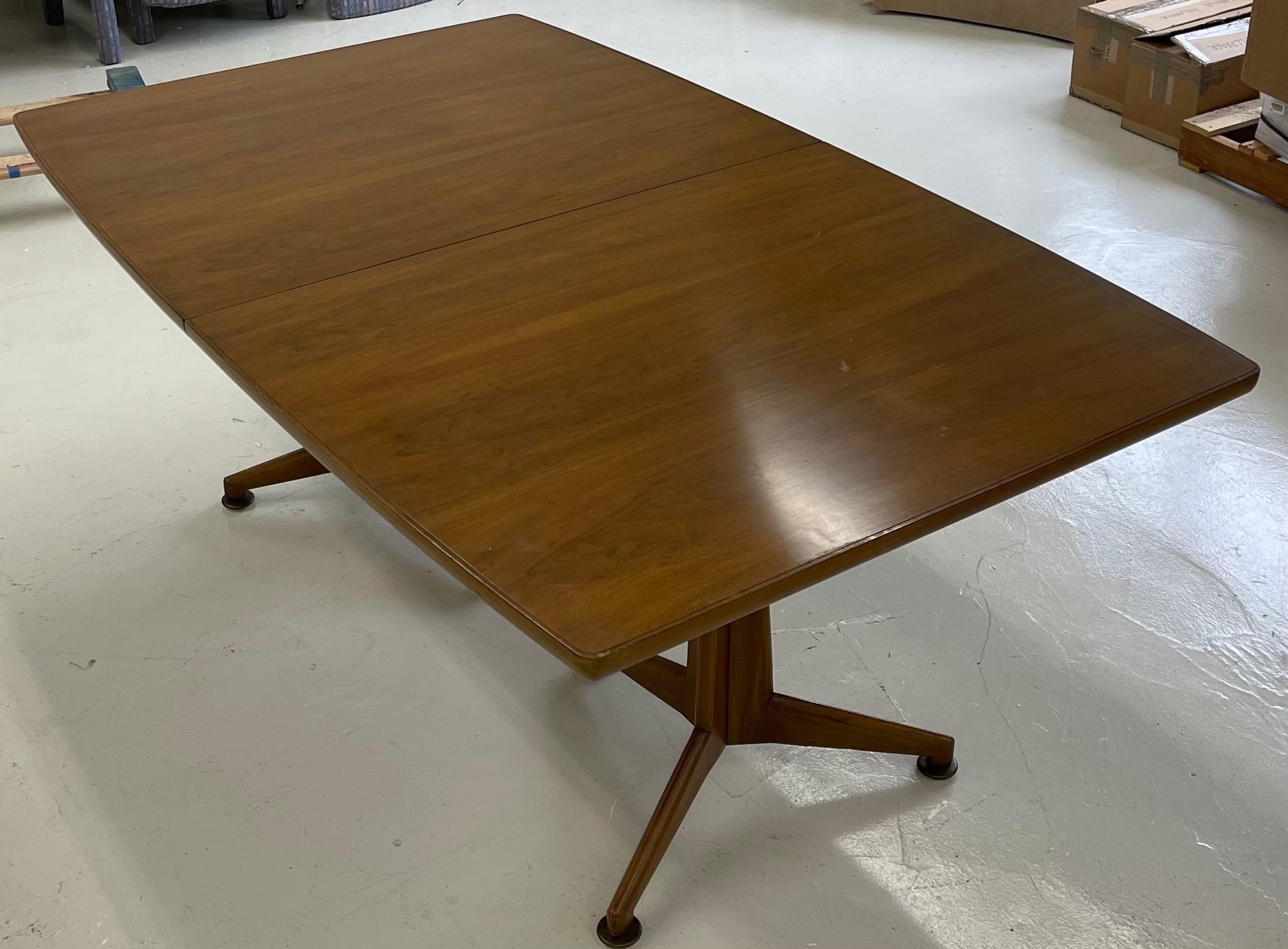 Mid-Century Modern Walnut Two Pedestal Dining Table with 3 Leaves For Sale