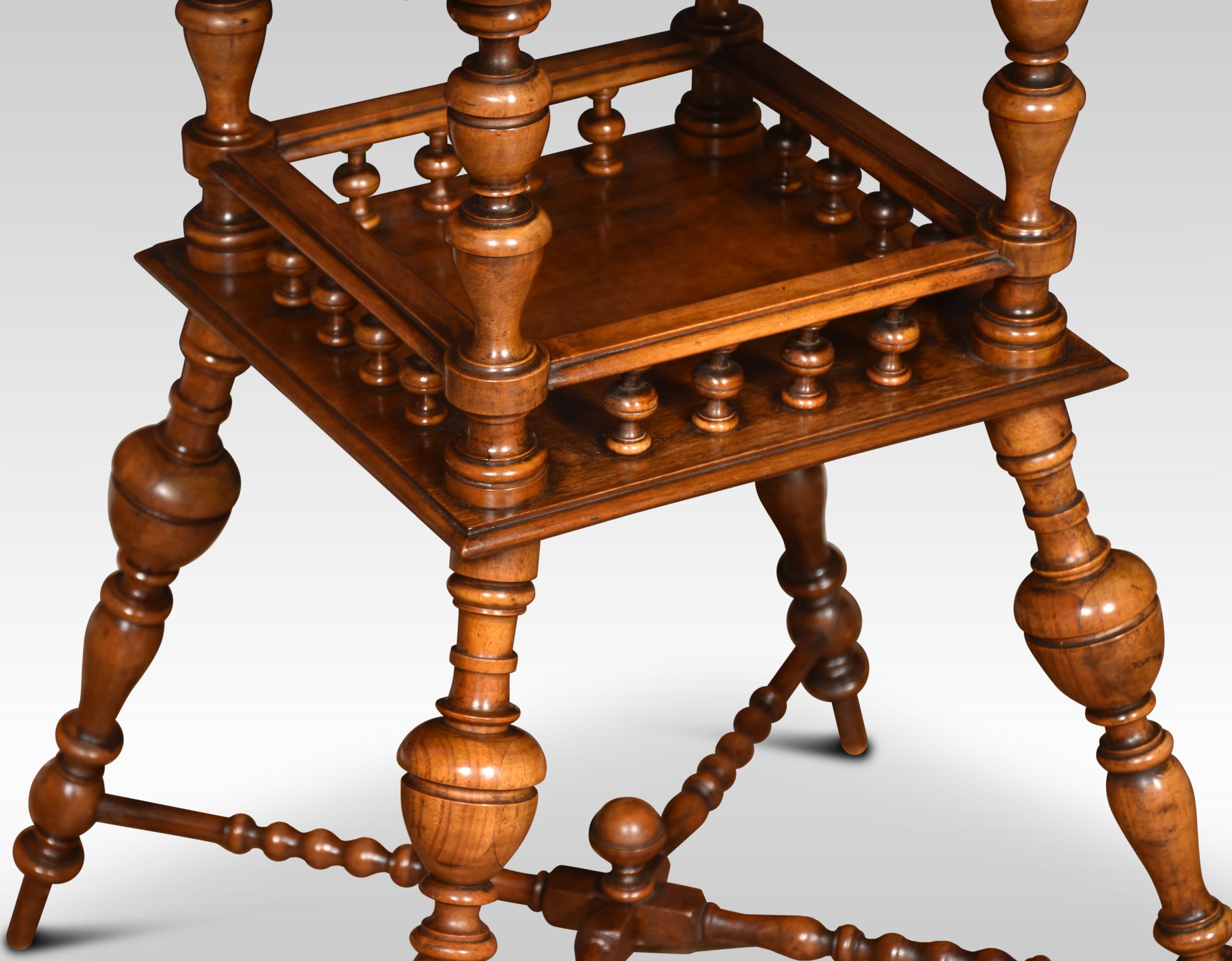 Late 19th-century occasional table, the square walnut top with molded edge supported on bobbin turned supports united by under tier and cross stretcher.
Dimensions
Height 28 Inches
Width 18 Inches
Depth 18 Inches.