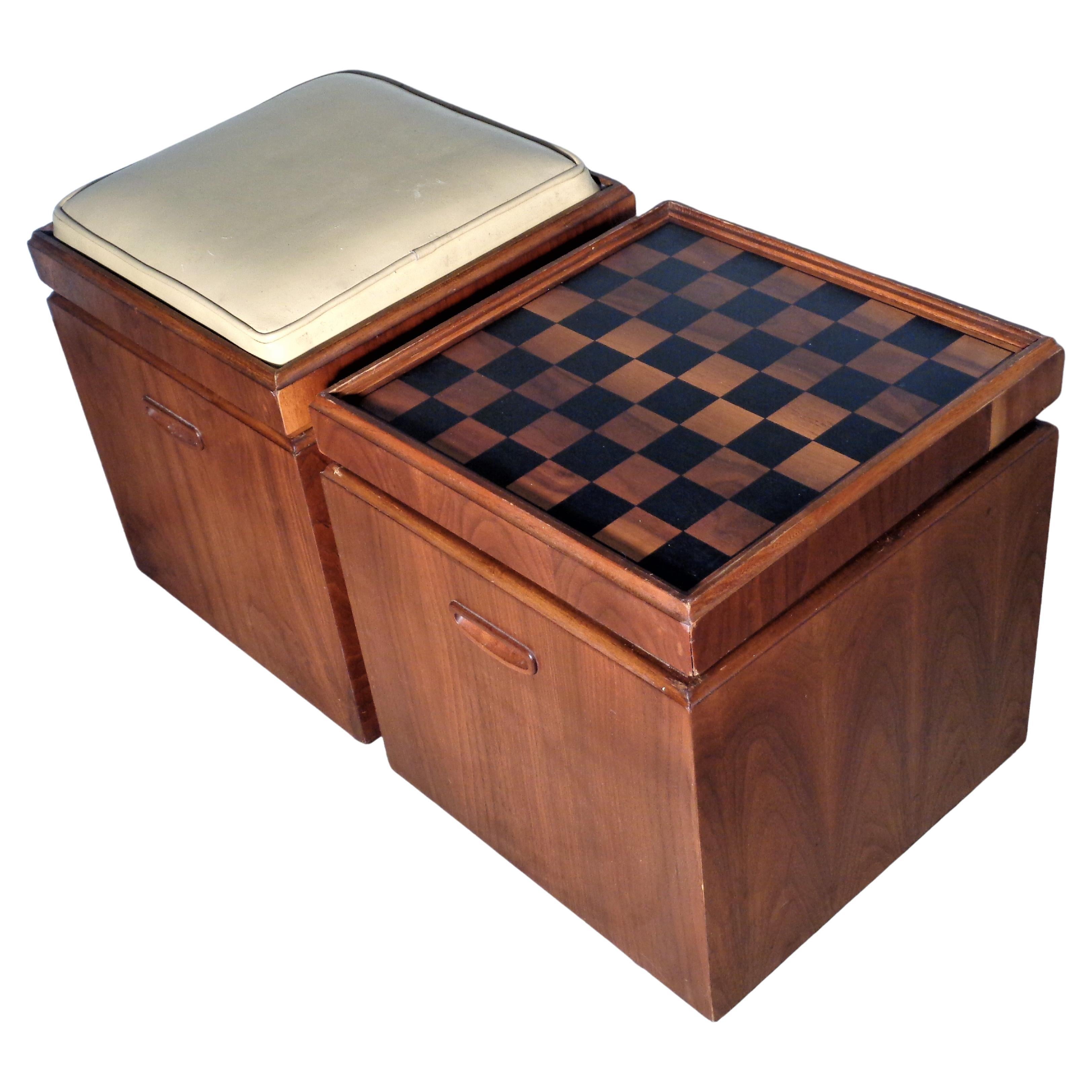 Walnut Cube Ottomans Flip Top Upholstery Seat to Game Board by Lane, 1960 1