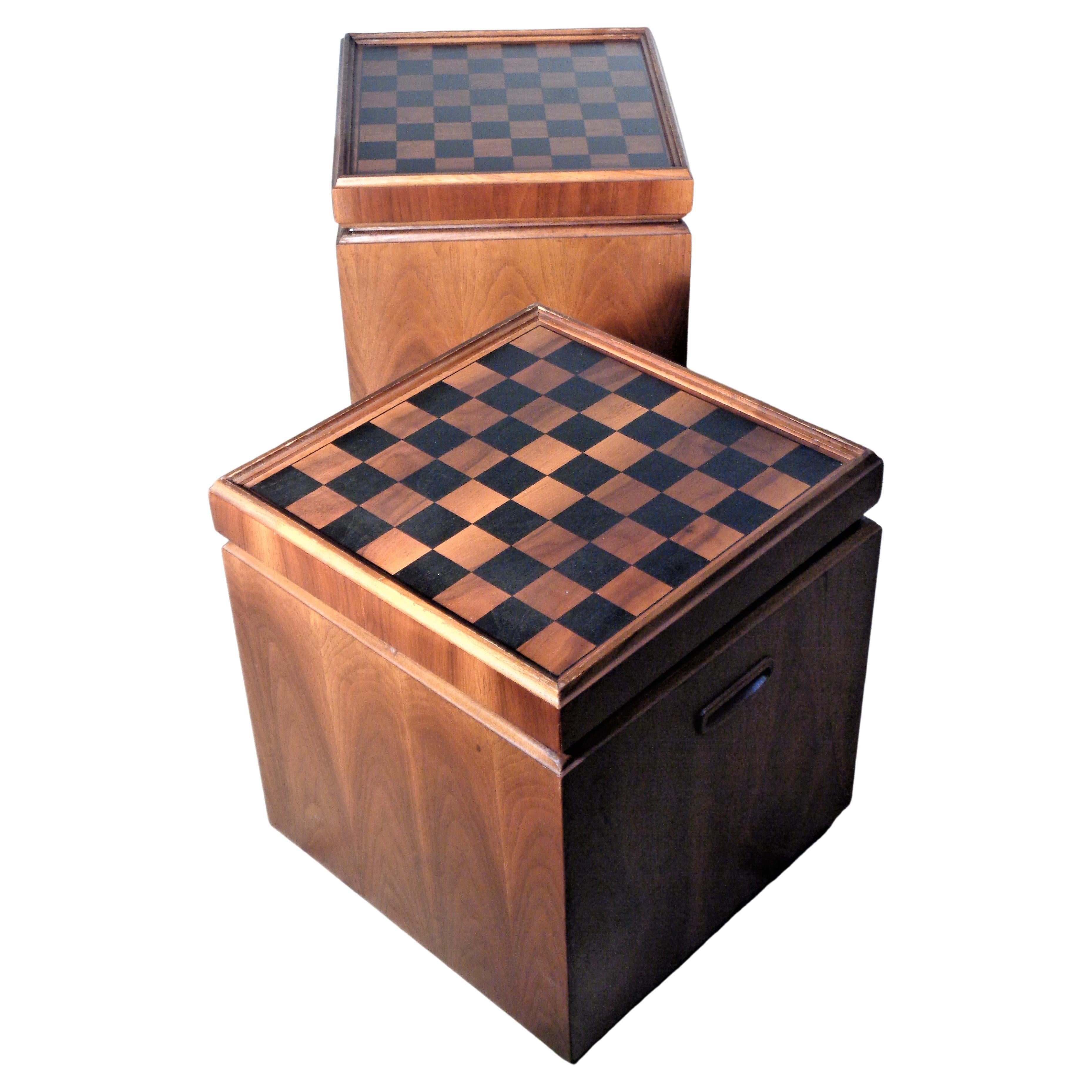 Mid-Century Modern Walnut Cube Ottomans Flip Top Upholstery Seat to Game Board by Lane, 1960