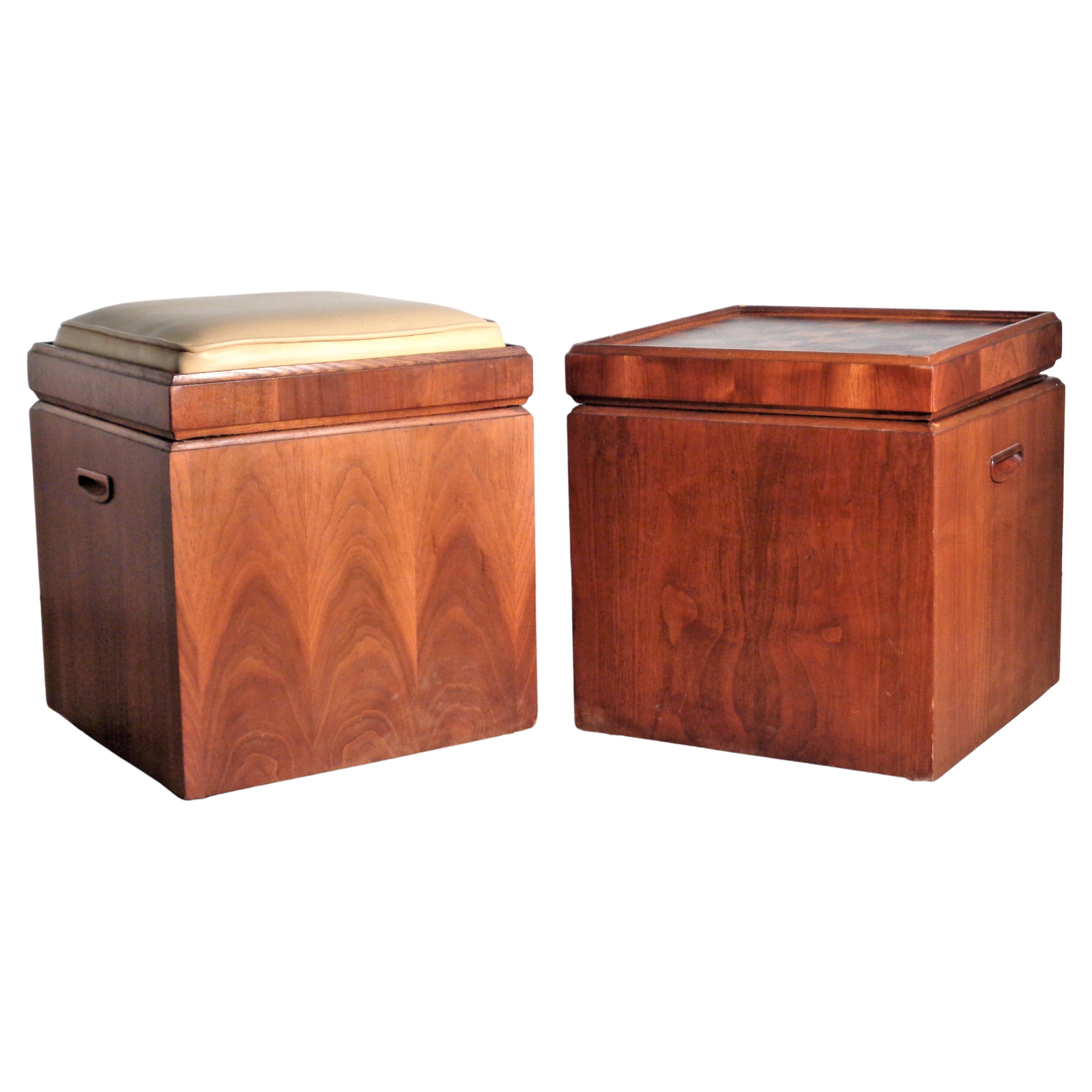 Mid-Century Modern Walnut Cube Ottomans Flip Top Upholstery Seat to Game Board by Lane, 1960